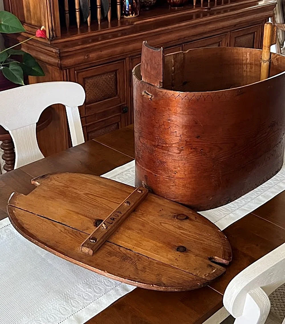 Antique Norwegian Tine Huge Handmade Bentwood Box- on table runner-full view-1000 x 1136.jpg