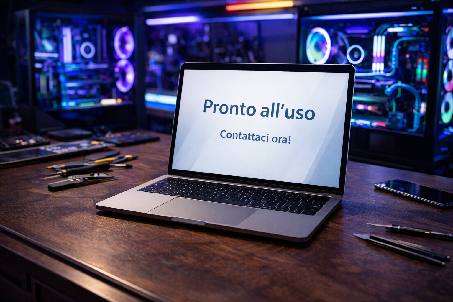 Laptop con schermo che dice 'Pronto all'uso, Contattaci ora!', su un tavolo di lavoro in un laboratorio di computer con strumenti e computer con luci LED colorate sullo sfondo.