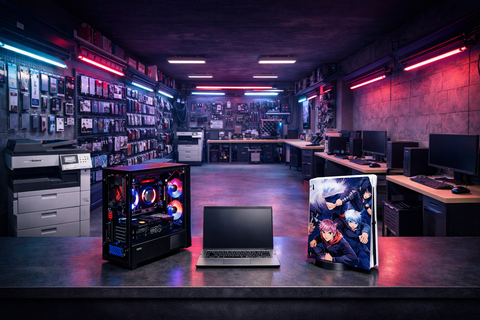 Una stanza con pareti di cemento, illuminata da luci al neon di vari colori, con parete attrezzata con diversi dispositivi elettronici e accessori. Sul tavolo in primo piano ci sono un computer portatile, una torre di computer gaming con luci LED, e un supporto con un manga giapponese.