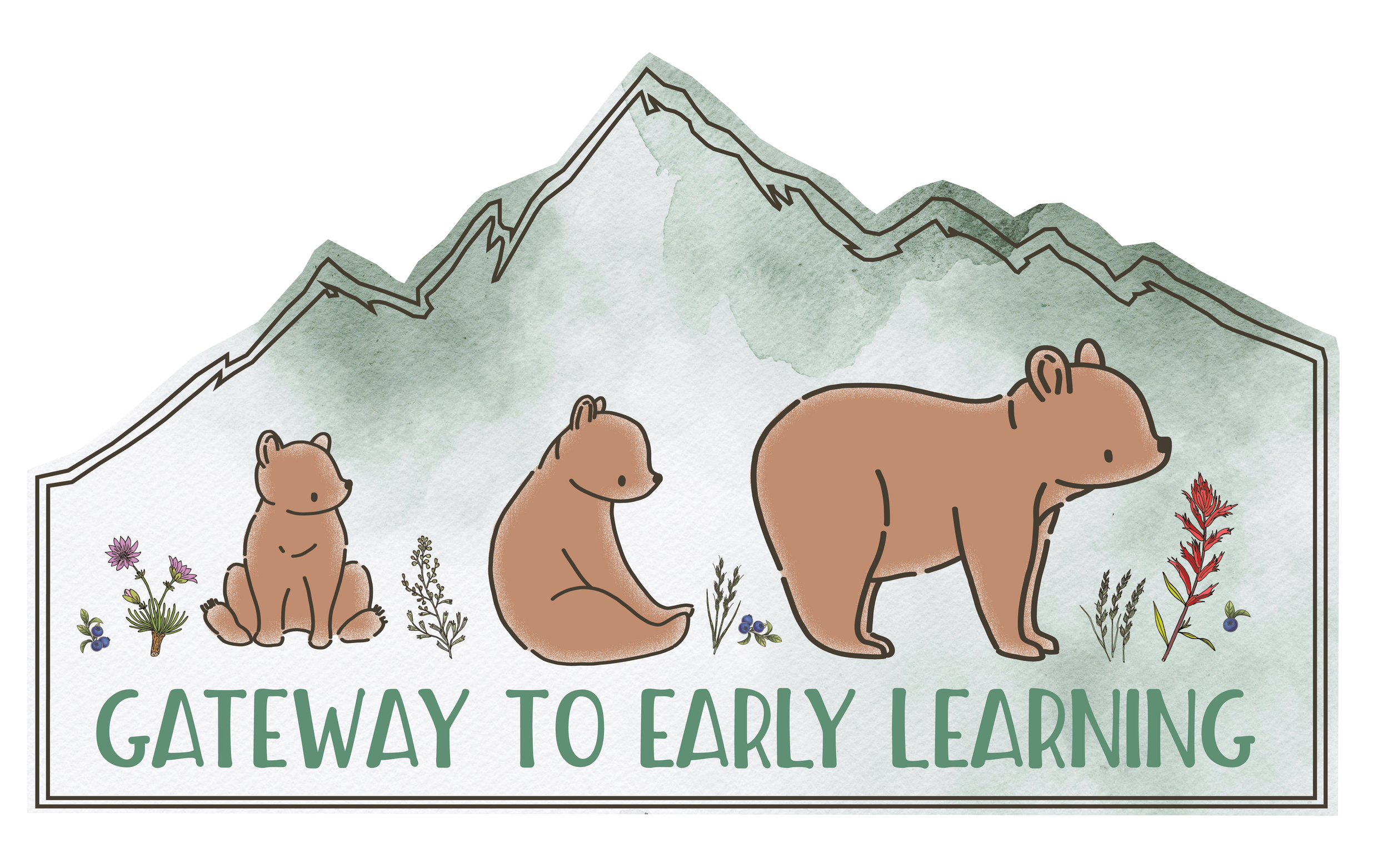 A watercolor mountain outline featuring three bear cubs and native Montana plants with the text "Gateway to Early Learning".