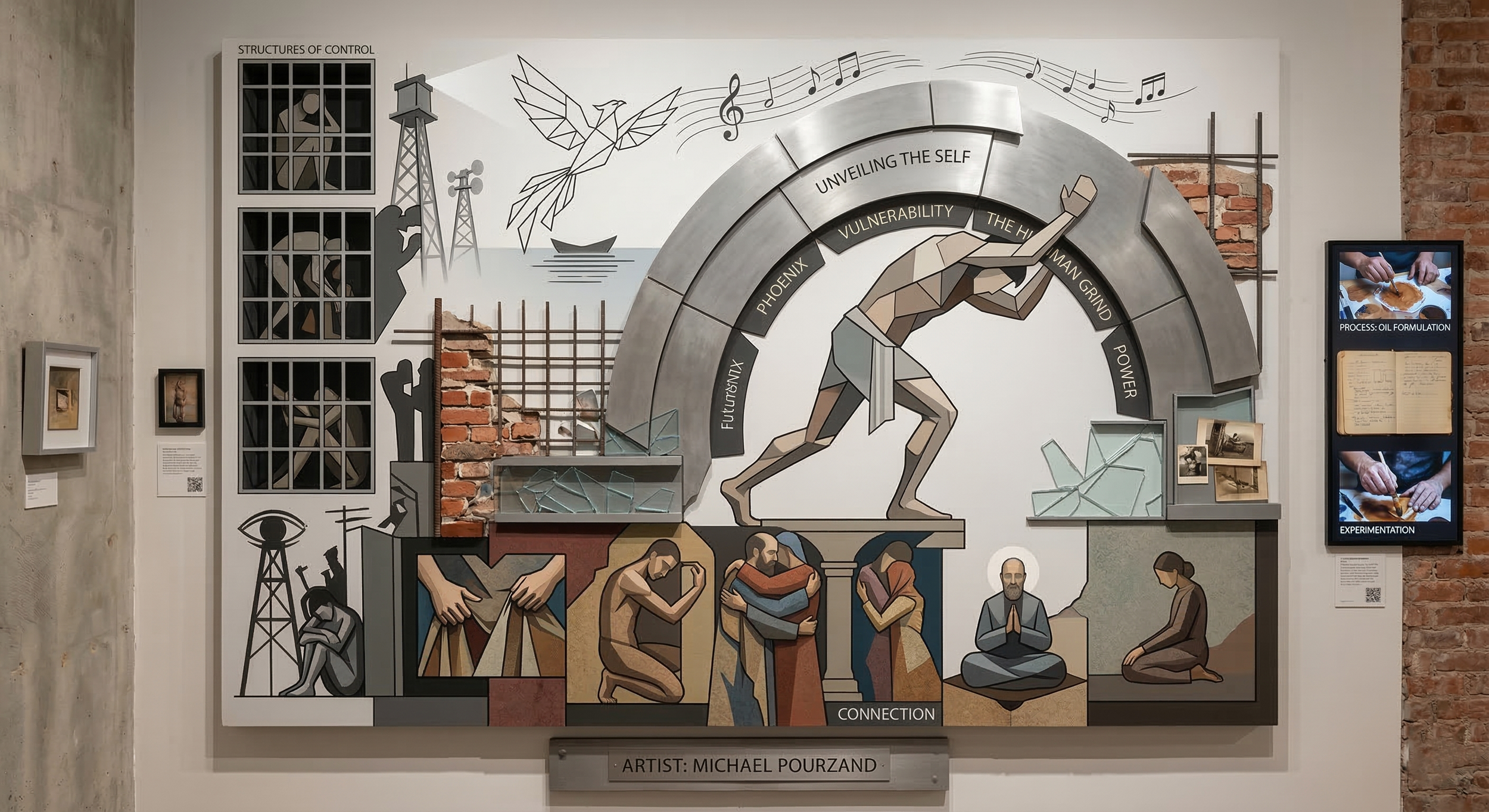 Mural artwork depicting themes of control, vulnerability, power, and connection, featuring a stylized human figure breaking through a wall, surrounded by illustrations of industrial structures, broken glass, and people in various poses. A digital display on the right shows images related to oil formulation and experimentation, with the artist's name Michael Pourzand.