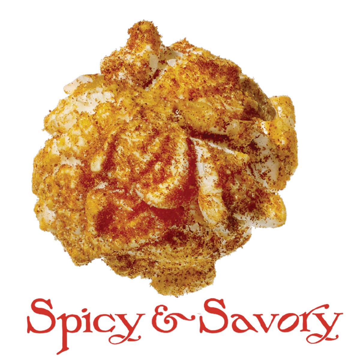 Close-up of a popped popcorn kernel with crispy, golden-orange coating.