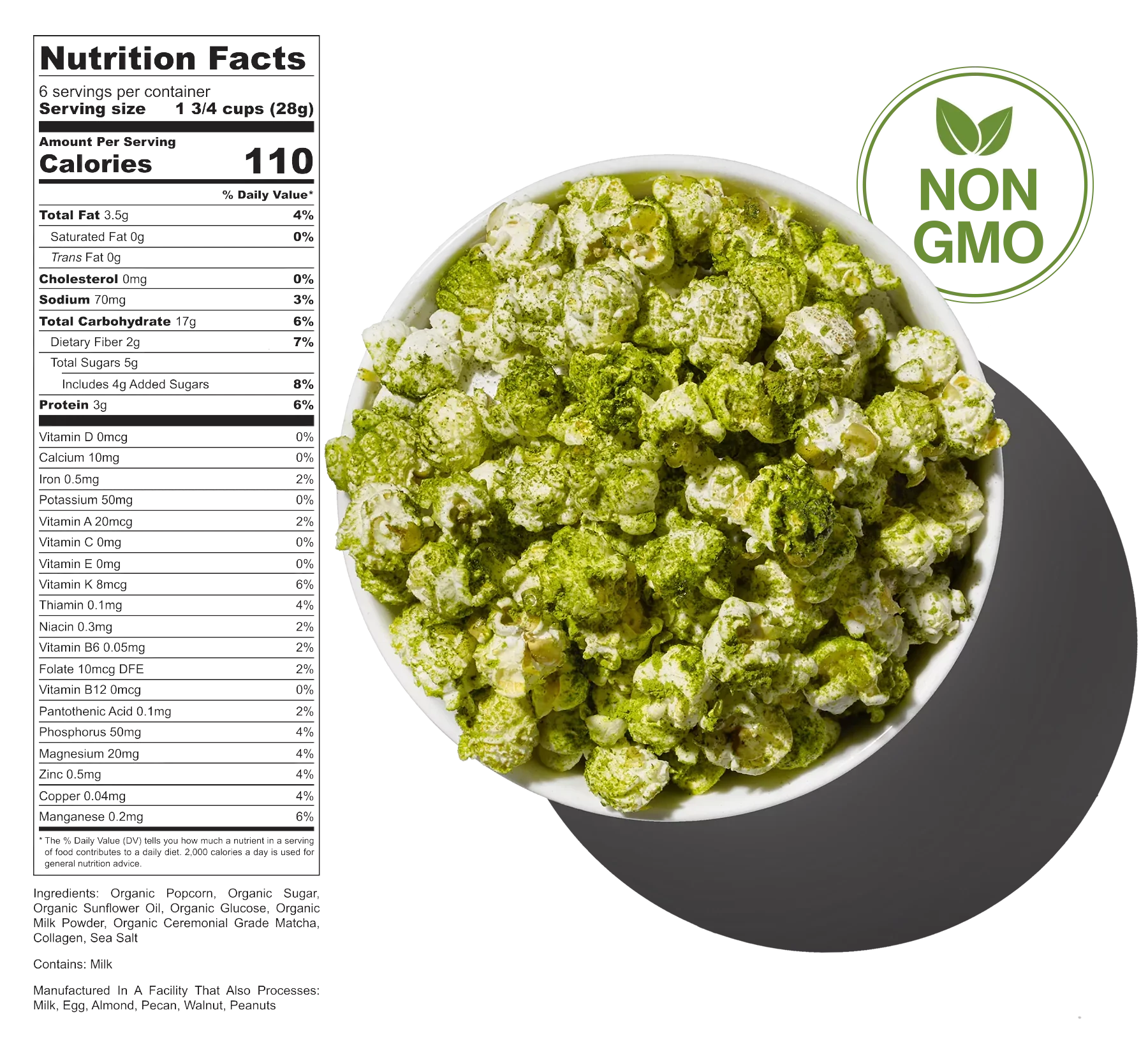 A white bowl of green Madame Matcha popcorn with a shadow cast on a white surface. A black label with green leaves and the words 'Non GMO' is in the top right corner. Nutritional facts are on the left side.