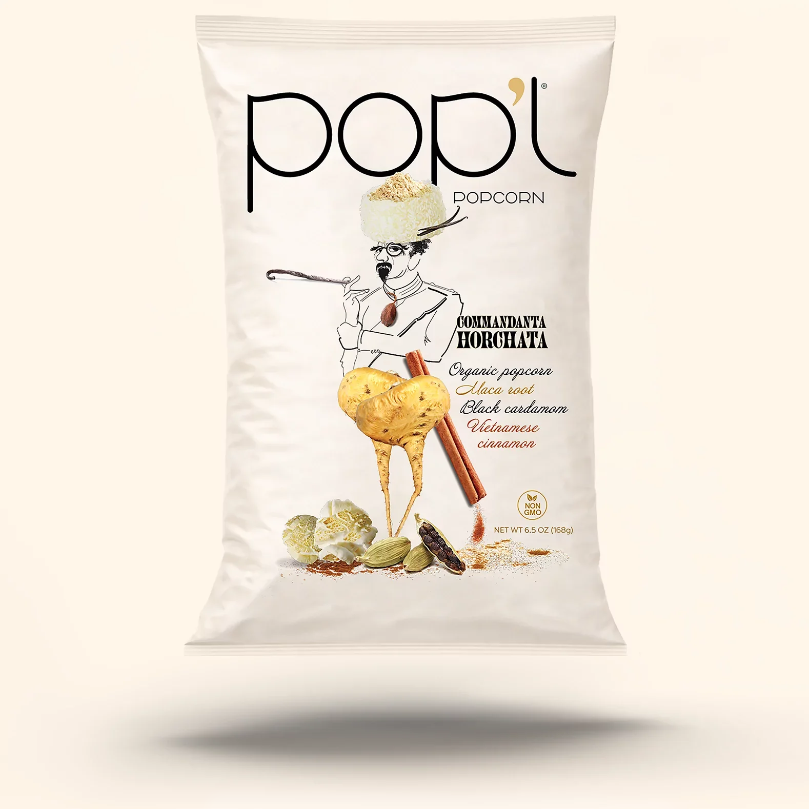 A bag of Commandanta Horchata popcorn with illustrations of a brand character with a hat made of popcorn, holding a cinnamon walking stick, and surrounded by ingredients like turmeric root, and black cardamom. The bag features the brand name 'Pop'l' 