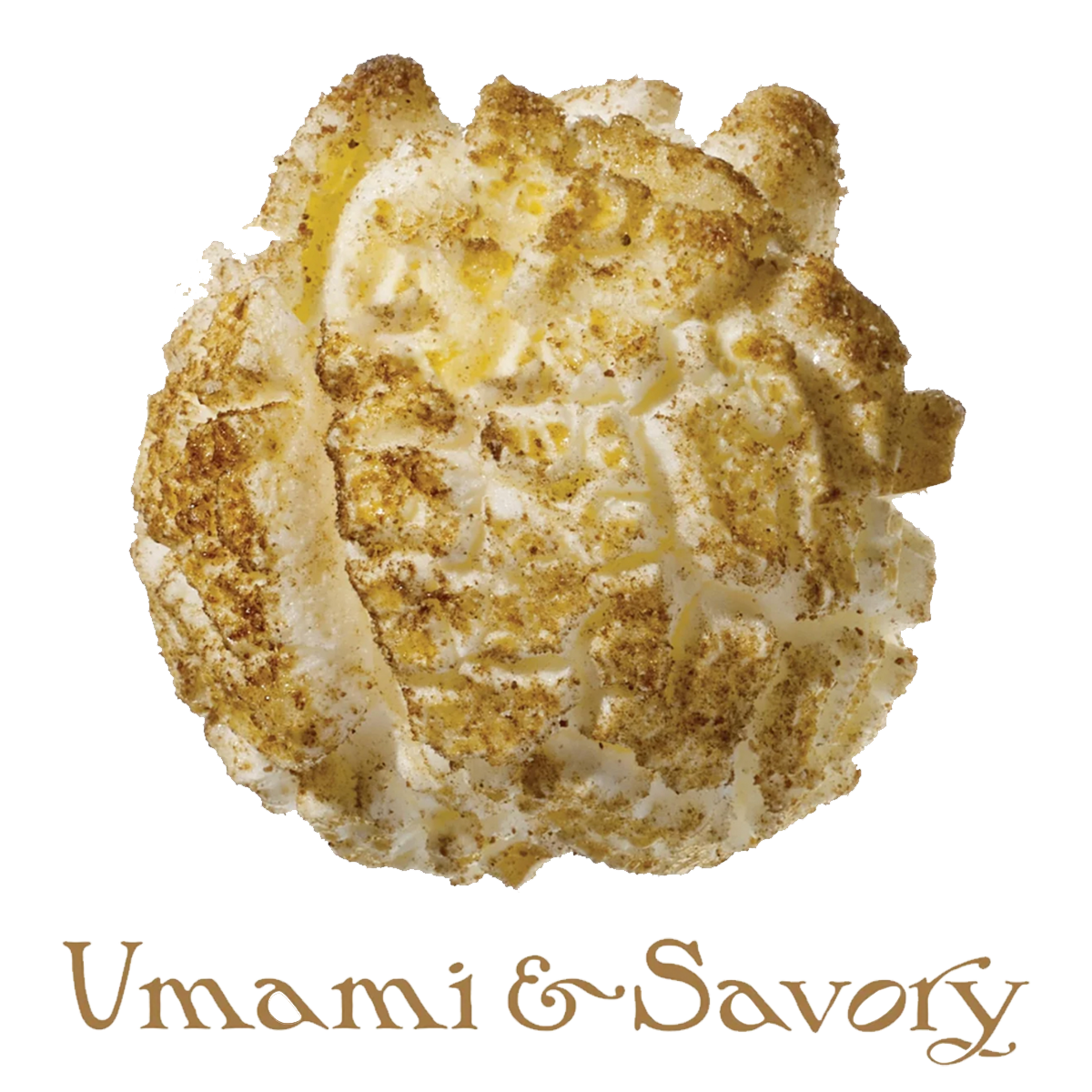 A close-up view of a caramel popcorn with a toasted, caramel coating and a sprinkle of crushed nuts on top, with the words 'Umani & Savory' written at the bottom.