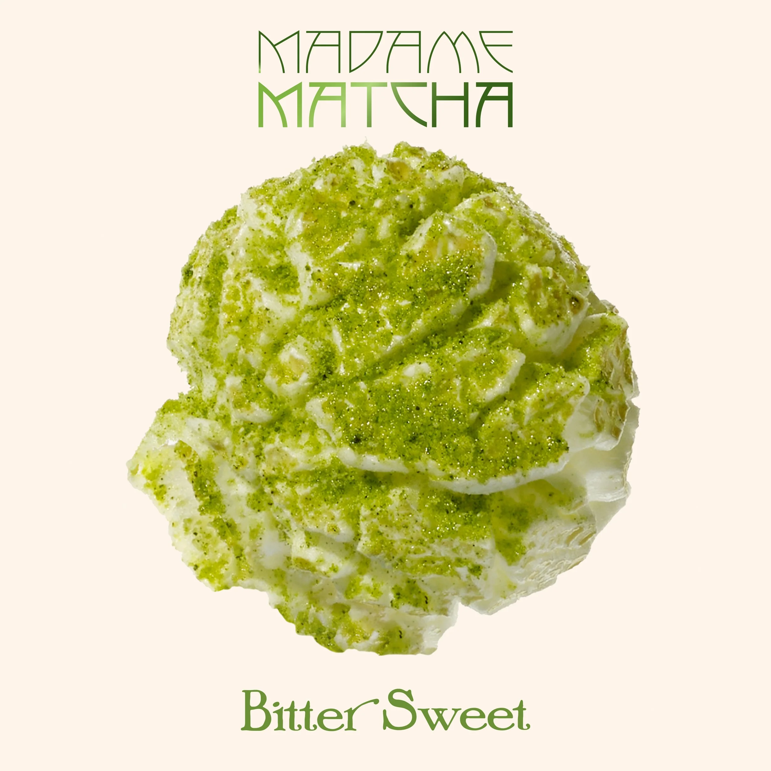 A green matcha-flavored popcorn covered with green tea powder, labeled as 'Bitter Sweet' and 'Madame Matcha.'
