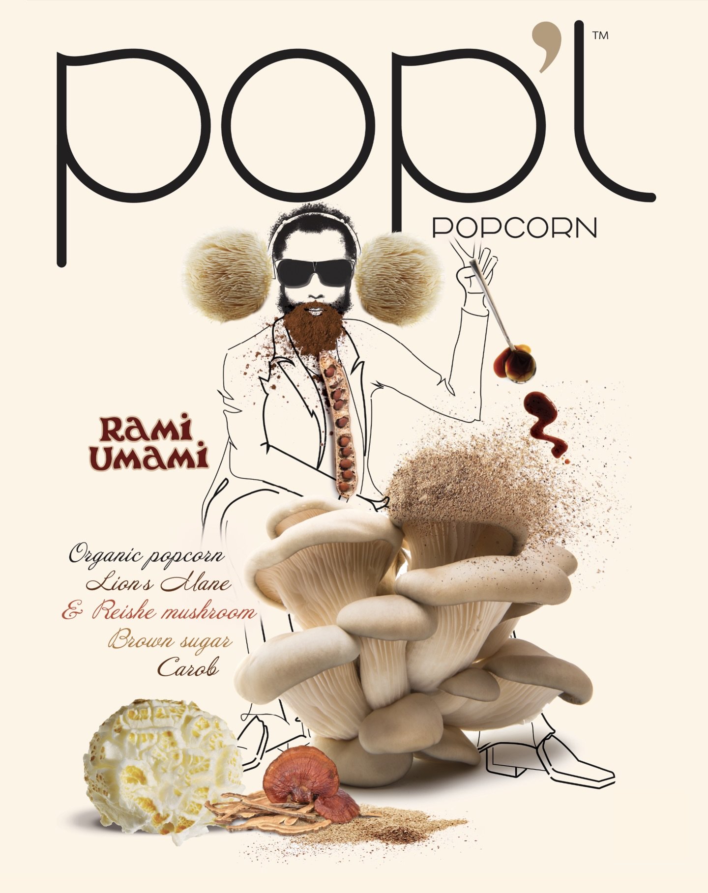 Meet Rami Umami.
He grooves to a different beat: the deep, mysterious rhythm of umami.
Savory lion&rsquo;s mane and reishi mushrooms harmonize with a hint of carob sweetness&mdash;the vibe is popcorn turned to 11. 
#PoplPocorn coming soon.