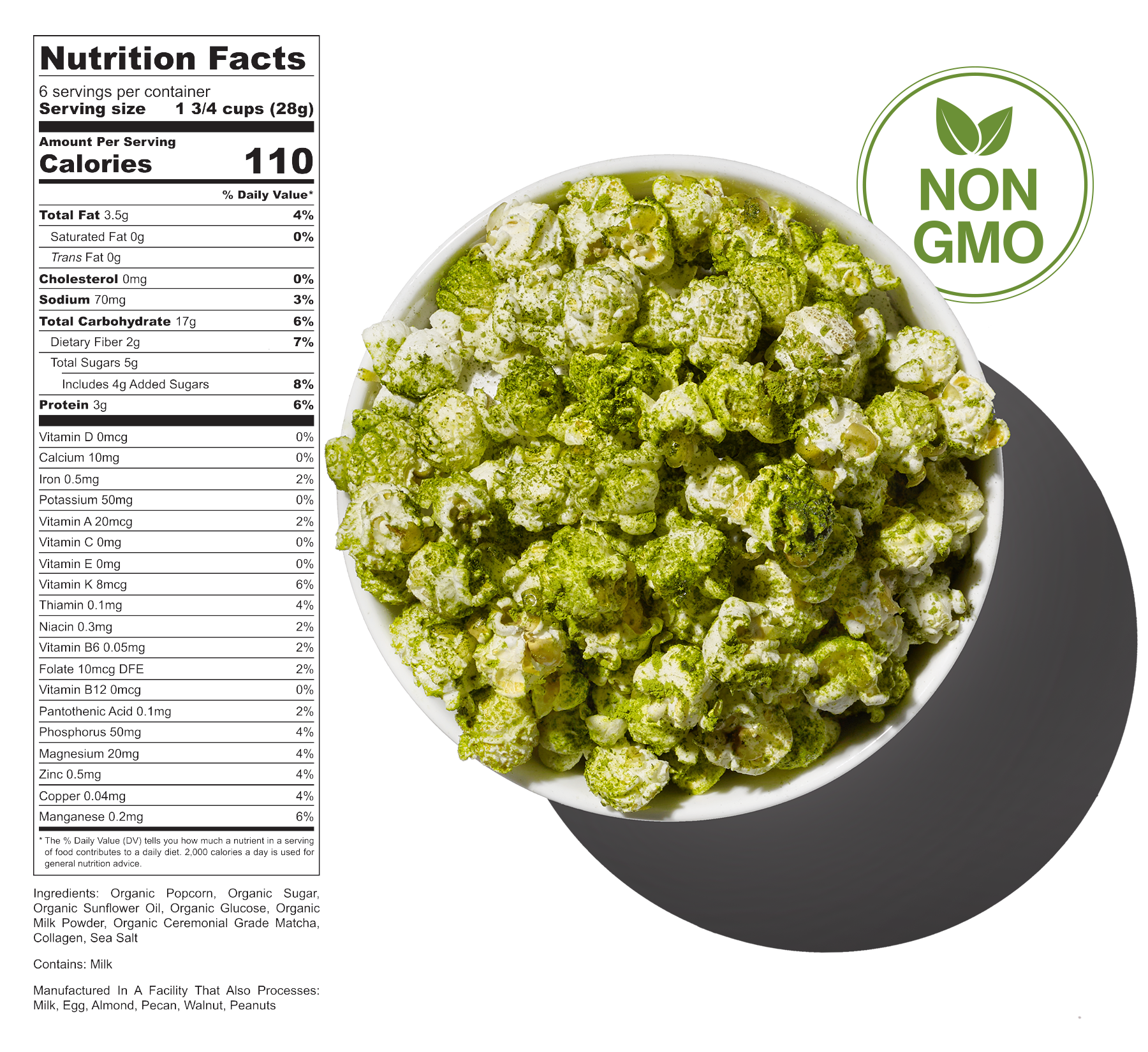A white bowl of green popcorn with a shadow cast on a white surface. A black label with green leaves and the words 'Non GMO' is in the top right corner. Nutritional facts are on the left side.