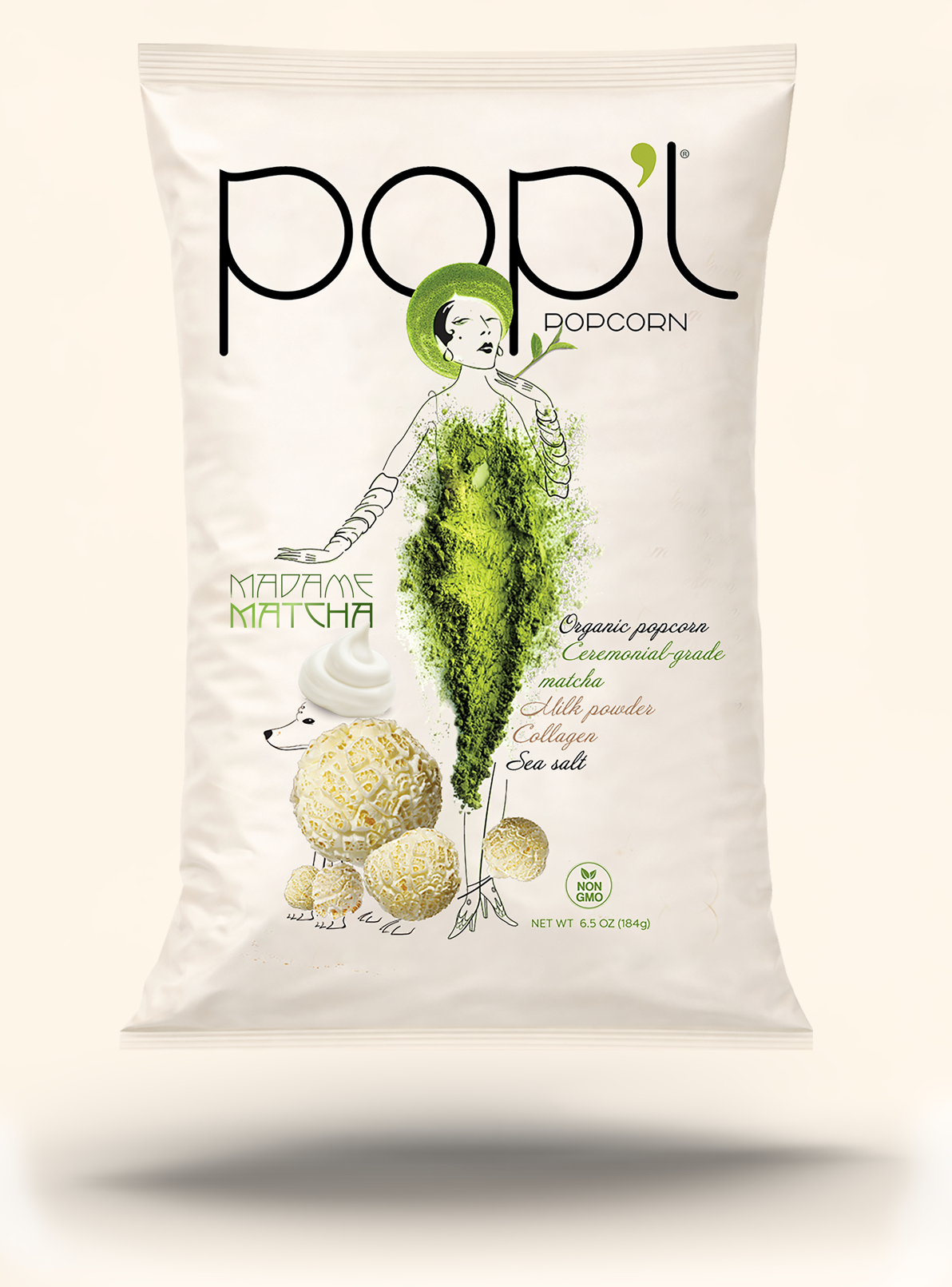 Package of Pop'l popcorn flavor Madame Matcha, featuring a stylized illustration of a woman in green, with matcha powder and popcorn images, and text noting organic, non-GMO, and allergen information.