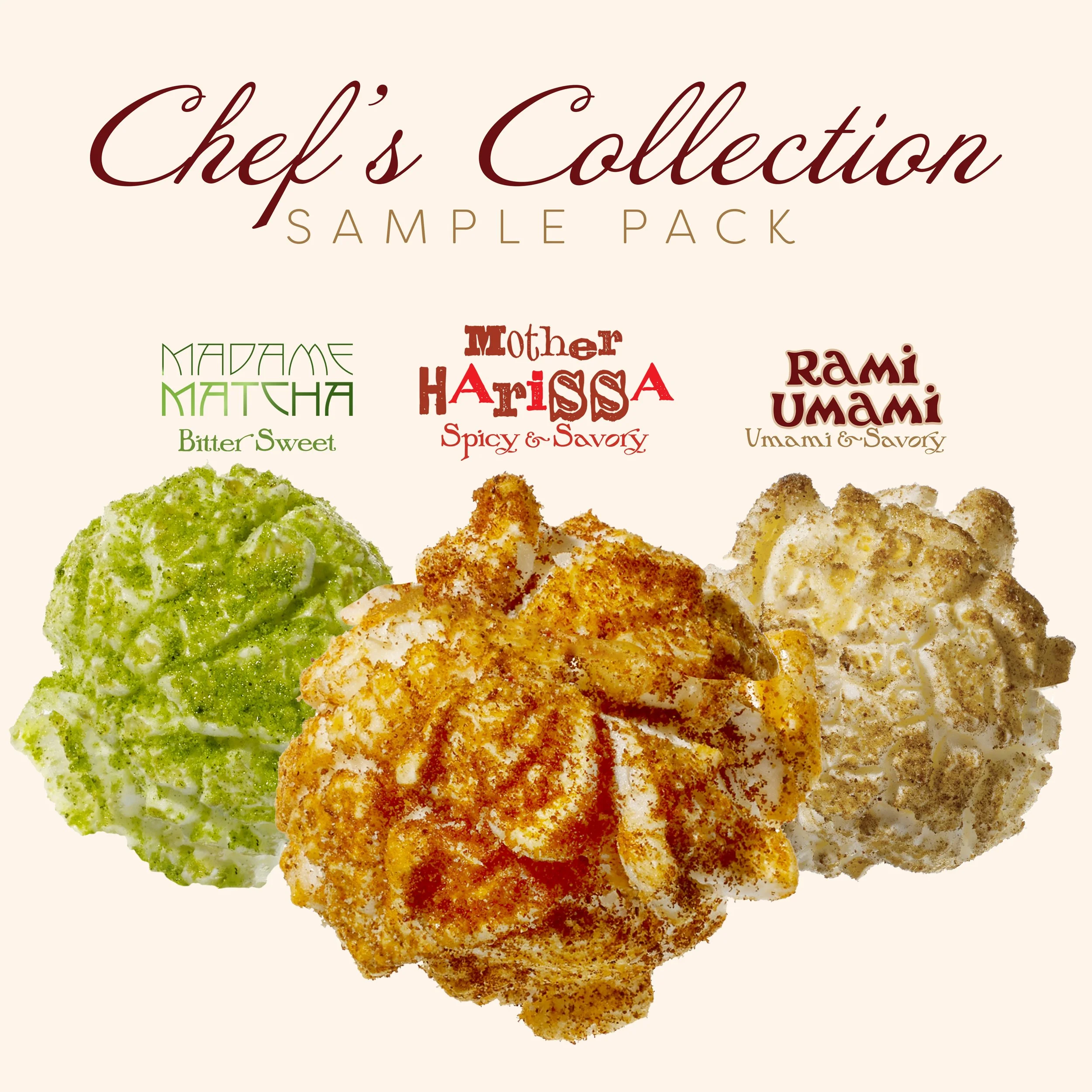 Sample pack image titled 'Chef's Collection' featuring three different flavored popcorns: Madame Matcha Bitter Sweet, Mother Harissa Spicy & Savory, and Rami Umami Urami & Savory, with the popcorns color-coded and labeled accordingly.