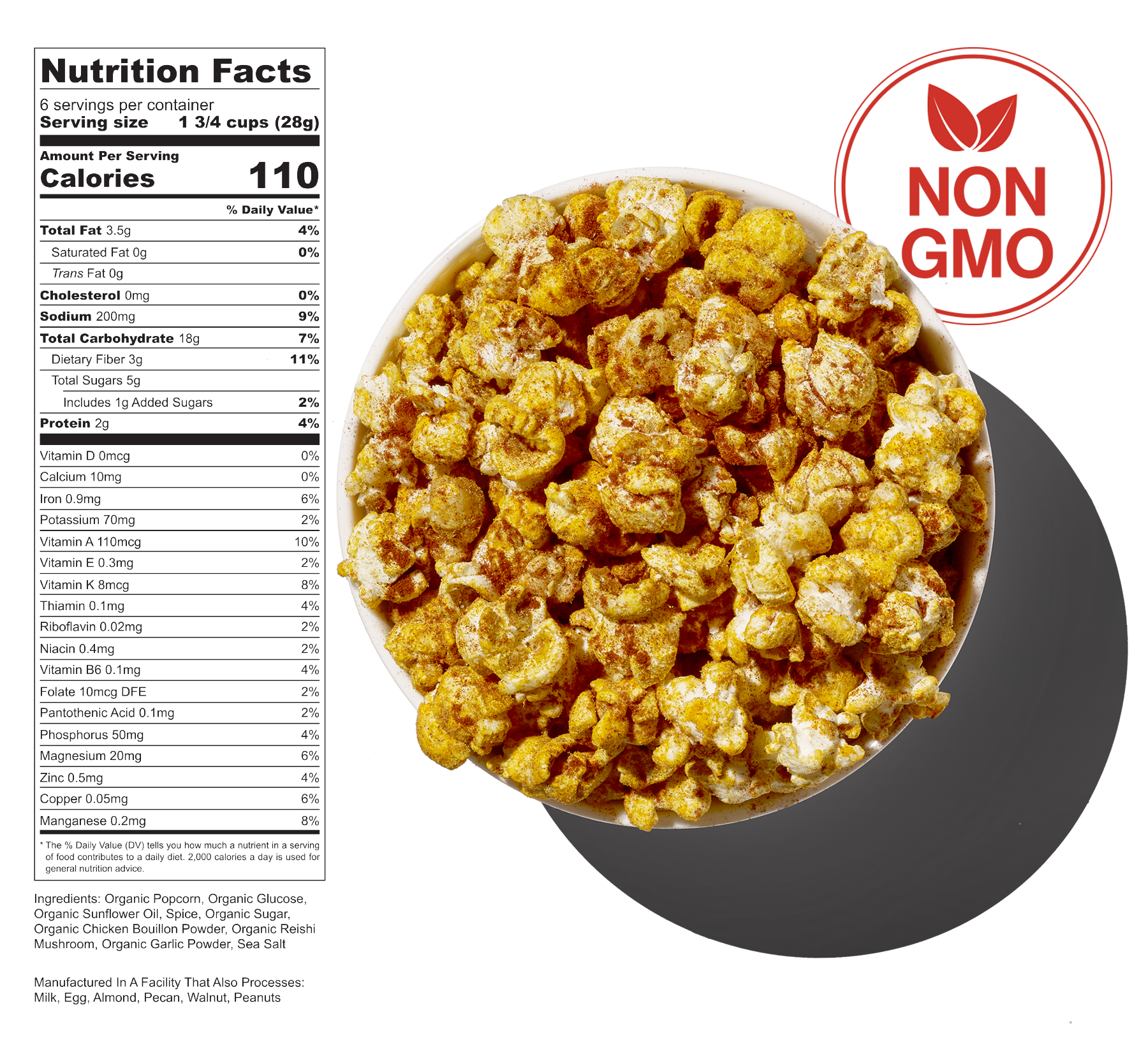 A bowl of caramel popcorn with a nutrition facts label on the left and a red icon with a leaf on the top right.