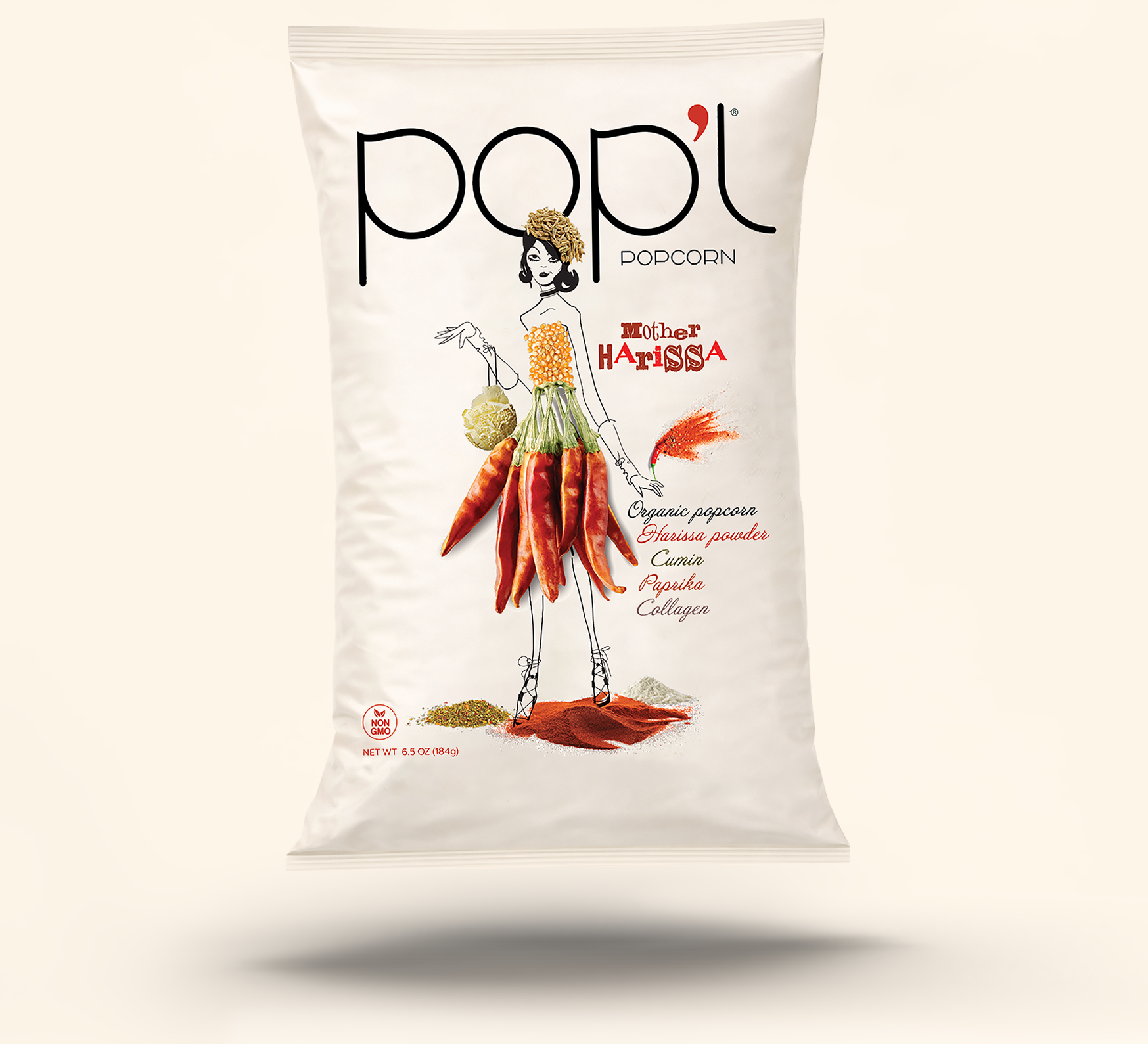 A bag of popcorn with a fashion illustration of a woman with popcorn and chillis for her body, featuring ingredients like organic popcorn, harissa powder, cumin, paprika, and collagen.