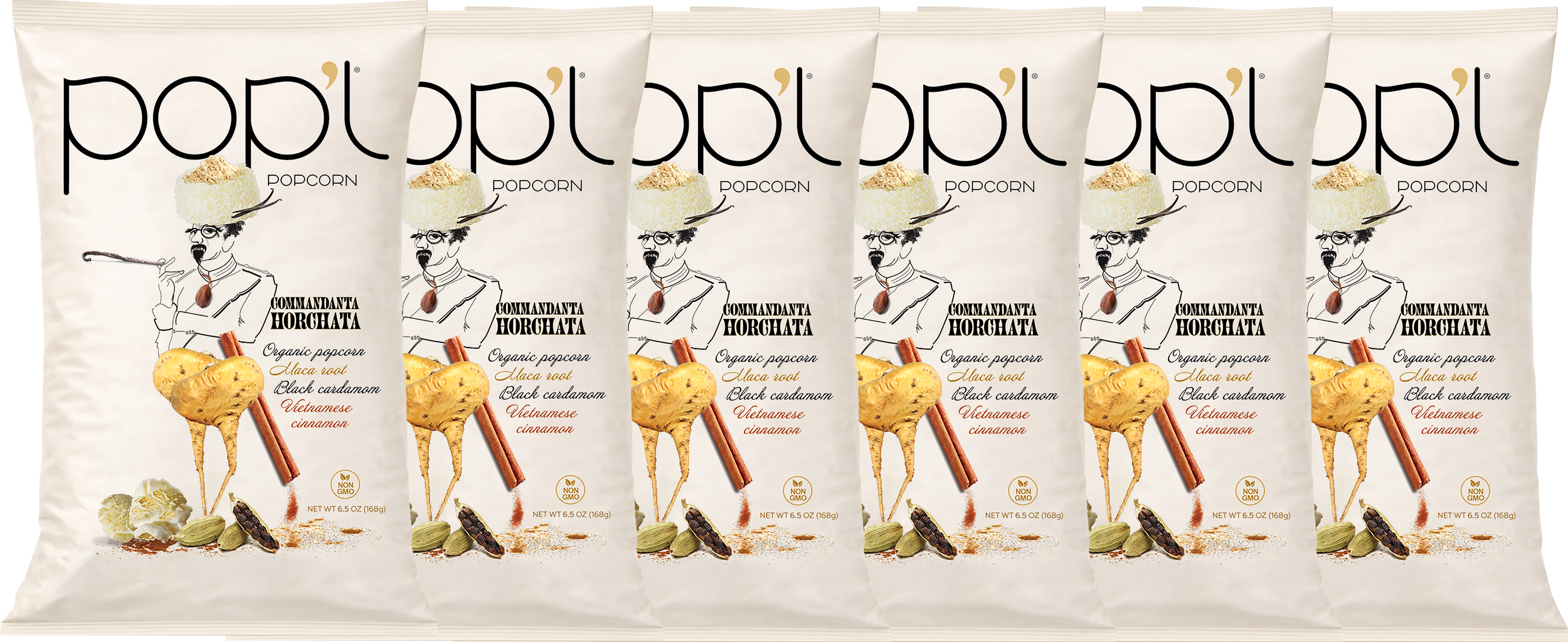 Multiple packages of Pop'It popcorn with a beige and black design, featuring a drawing of a woman with glasses, a mustache, and a hat made of popcorn, holding a pipe. The flavor is Vietnamese cinnamon, with ingredients like Alaca root and black cardamom, labeled as organic and non-GMO, each package weighing 6.5 ounces.