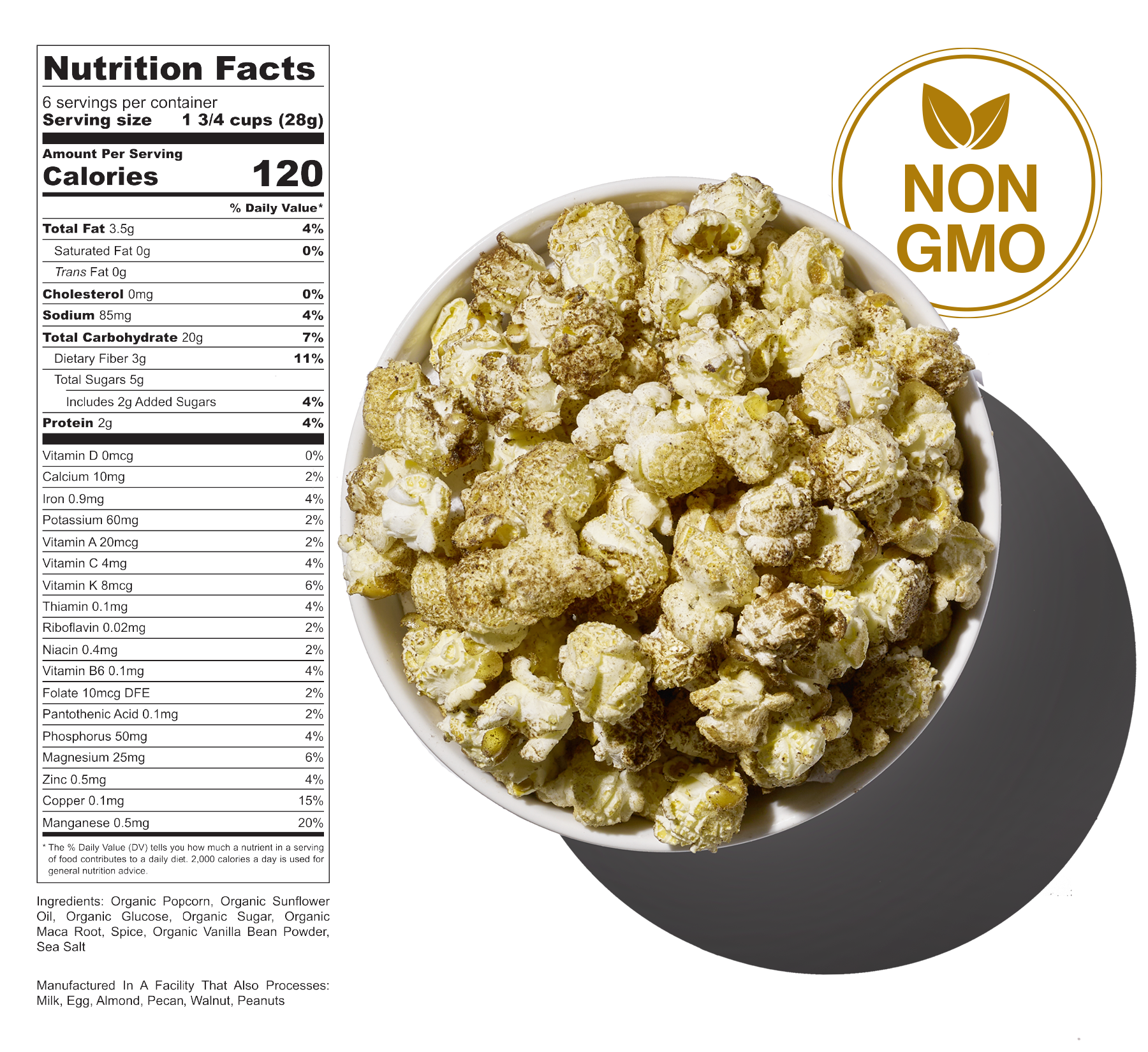 A bowl of caramel popcorn with a box of caramel popcorn in the background, with nutrition facts and ingredient list visible on the left side of the image.