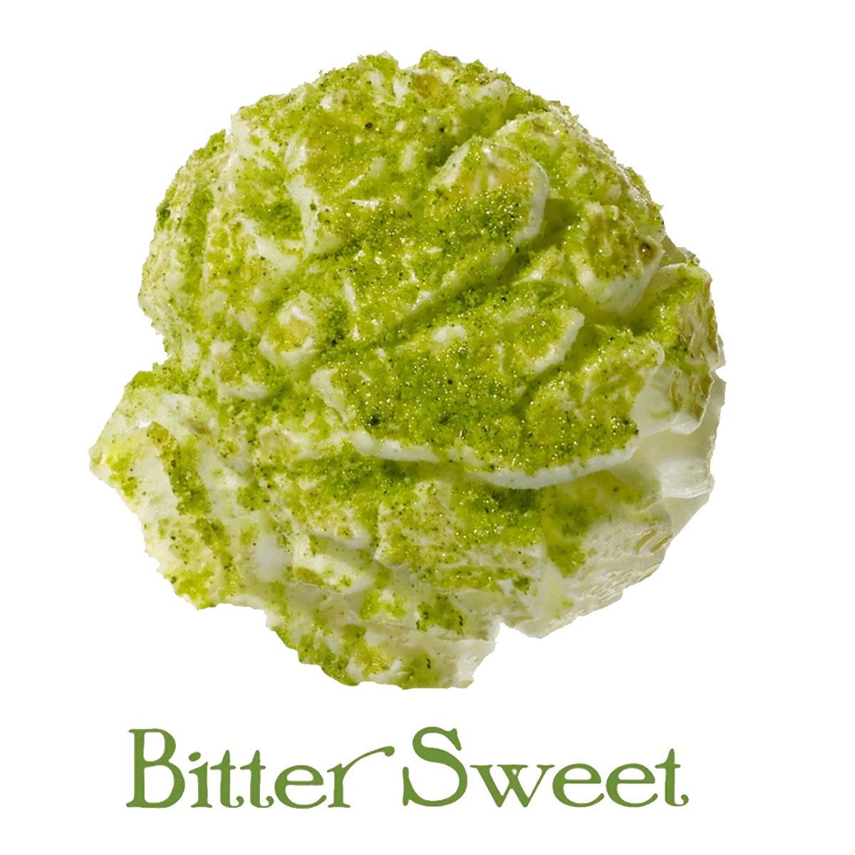 BitterSweet logo with a sweet treat covered in green powder.