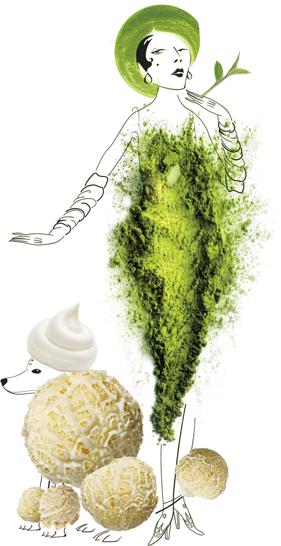 A a fashion illustration of a woman with popcorn and a matcha green tea dress for her body, featuring ingredients like organic popcorn, matcha, milk powder and collagen. An illustration of her poodle made out of popped pocorn.
