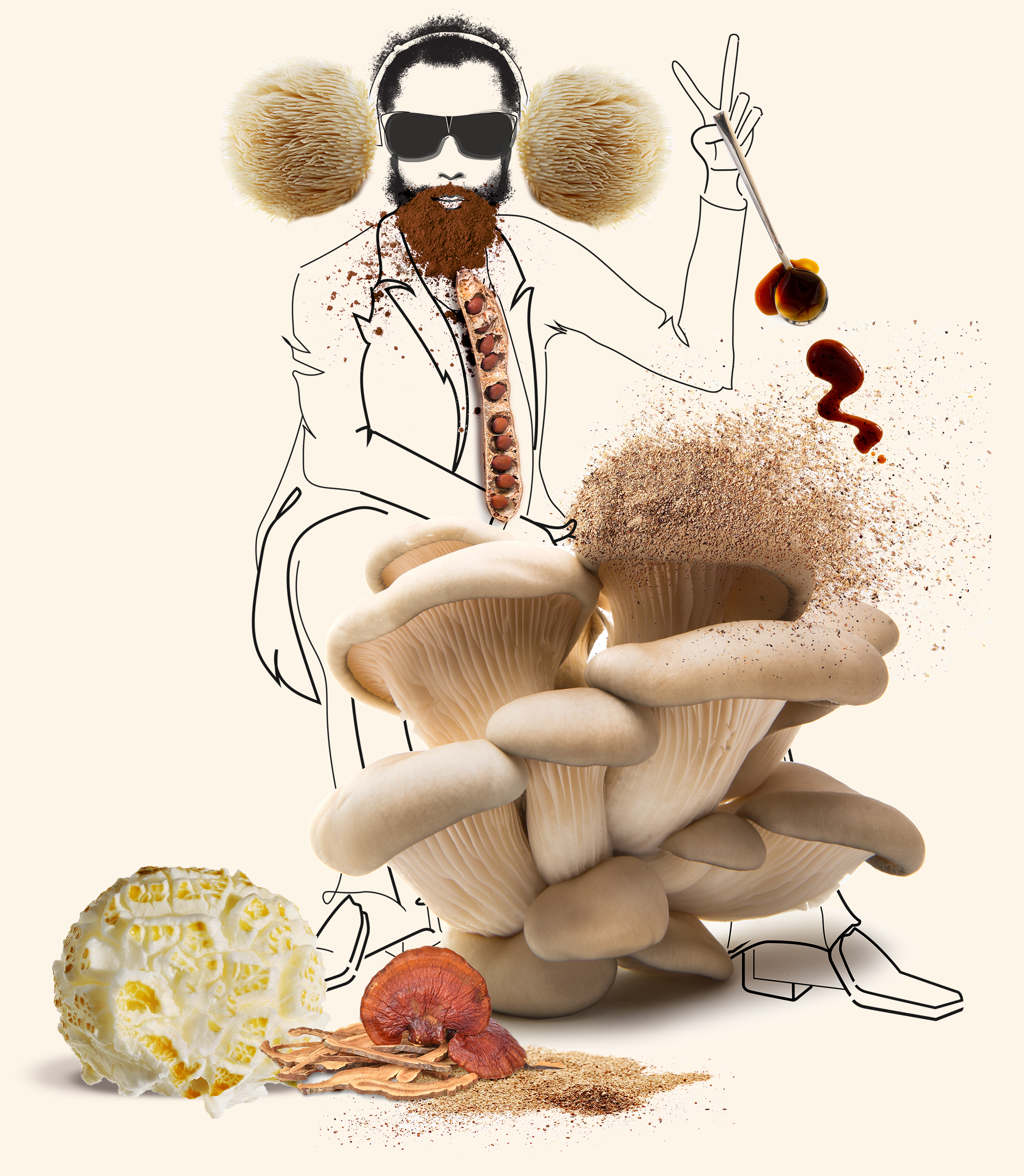 A fashion illustration of a person with headphones, sunglasses, and a beard, blending into a collage of mushrooms, spices, and popcorn with some elements sketched and others real