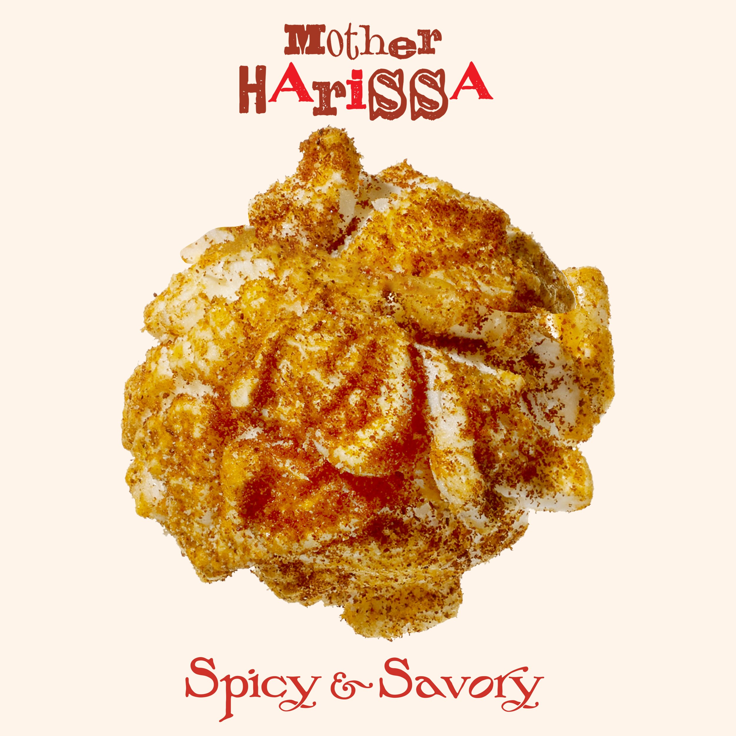 A spicy and savory popcorn topped with seasonings, with the label 'Mother Harissa' at the top.