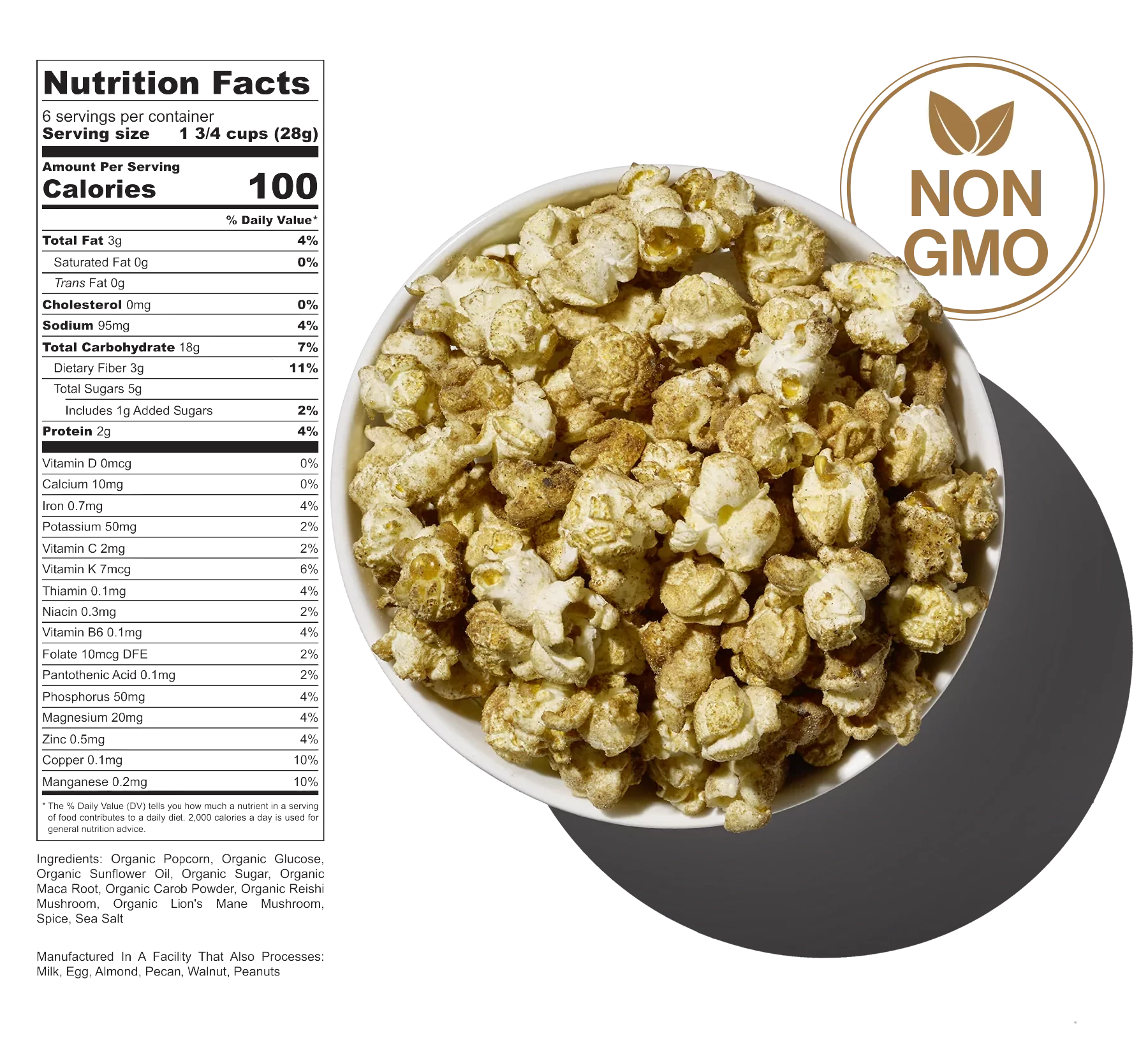 Nutritional information and a bowl of Rami Umami caramel popcorn topped with melted caramel, next to non-gmo logo.