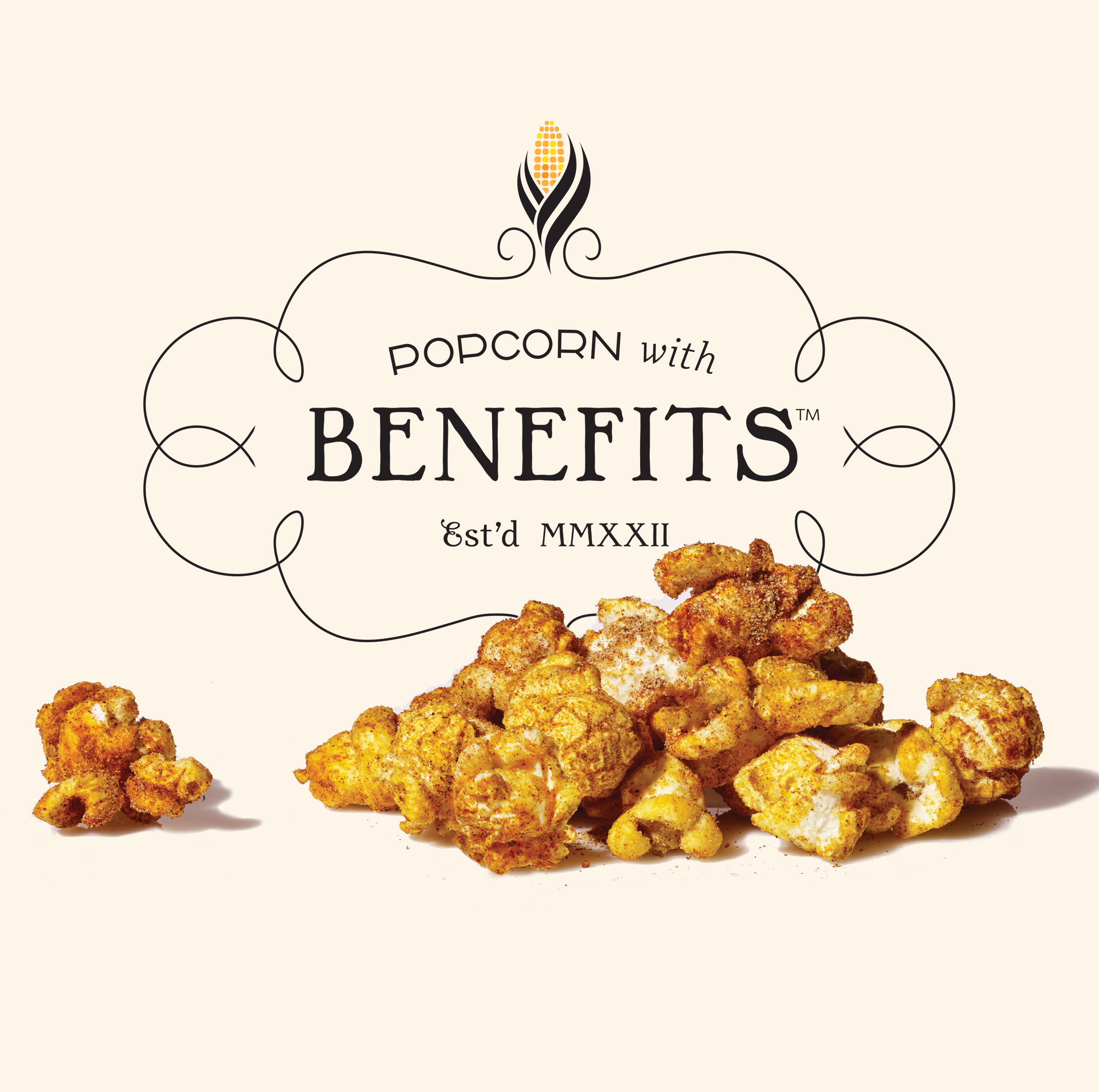 Overlay of popcorn pieces with text 'Popcorn with Benefits est'd MMXXII' and a decorative graphic.