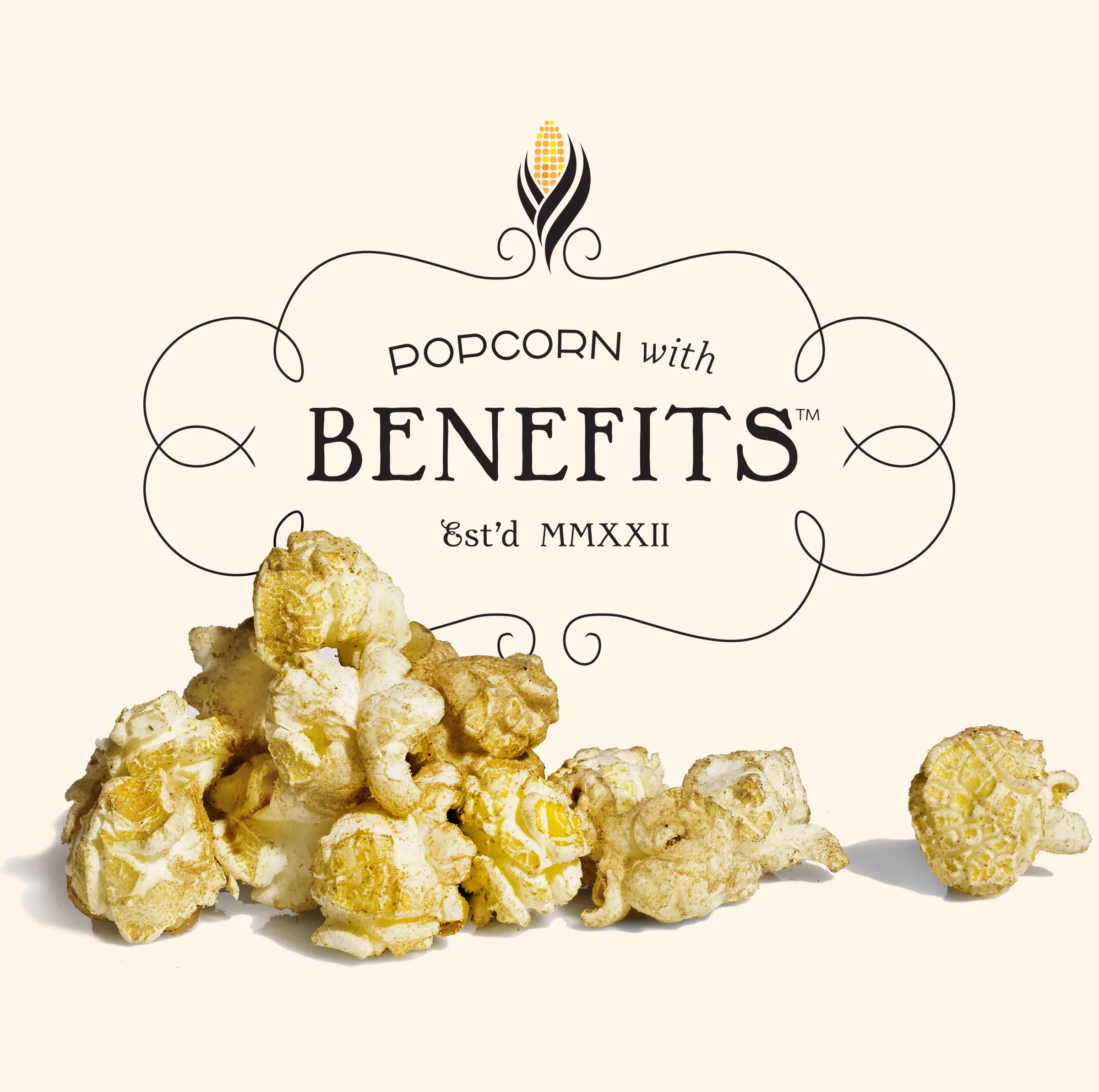Rami Umami pile of popcorn kernels with the text logo 'Popcorn with benefits' and 'est'd MMXXII' on a cream background.
