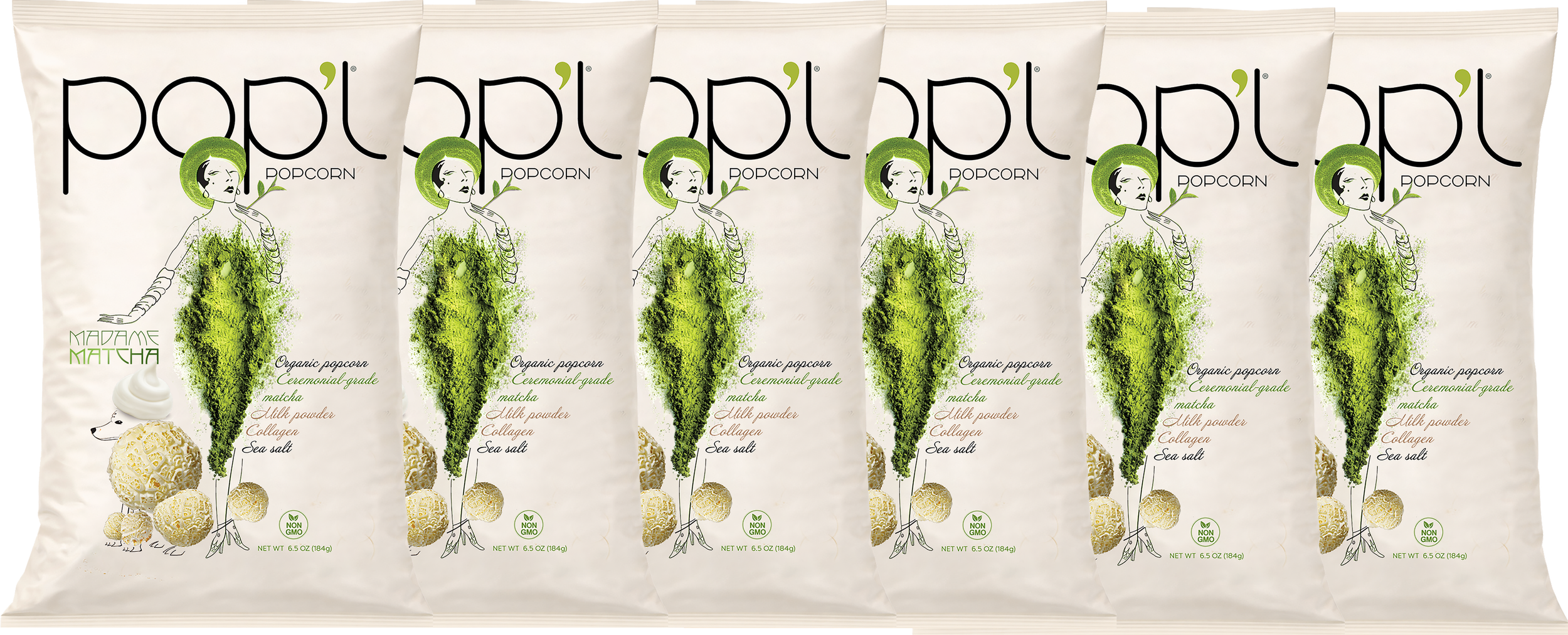 Six bags of organic popcorn with a green-themed, artistic packaging design featuring a woman holding a piece of popcorn, with text describing flavor variants like matcha, milk powder, collagen, and sea salt, and labeling it as non-GMO.