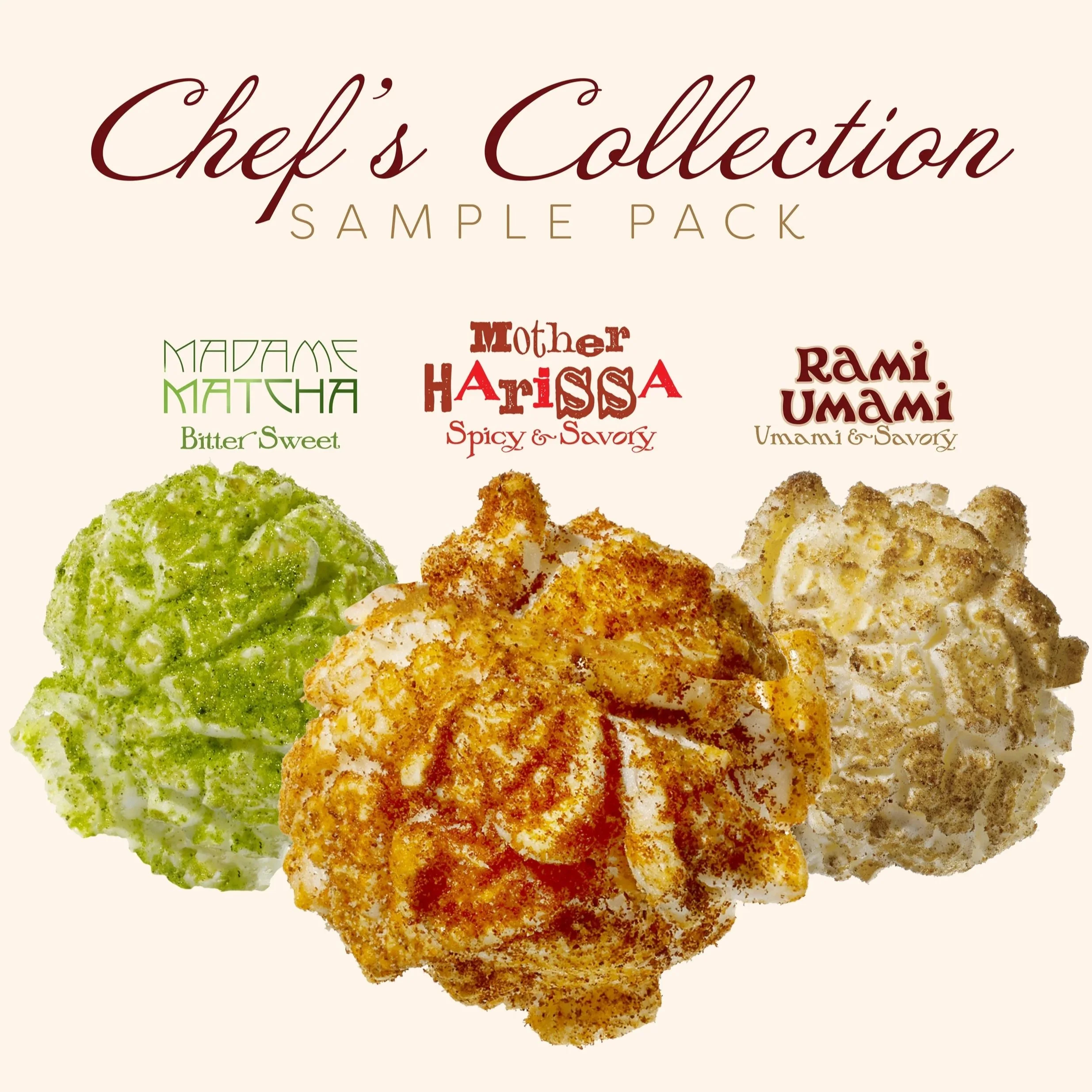 Packaging for Chef's Collection sample pack featuring three flavors: Madame Matcha with matcha popcorn, Mother Harissa with spicy popcorn, and Rami Umami with savory beige popcorn.