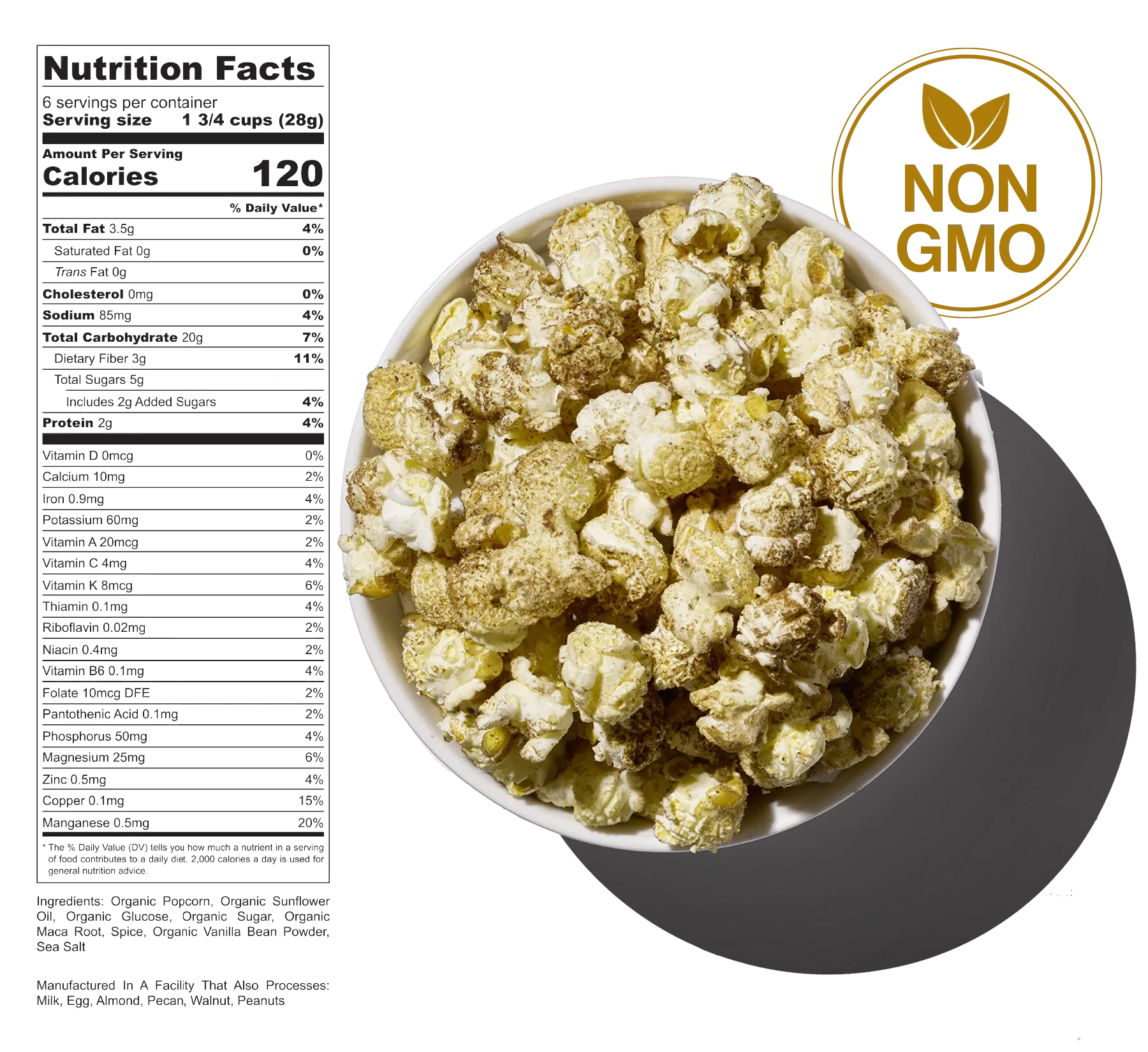 A bowl of Commandanta Horchata caramel popcorn, with nutrition facts and ingredient list visible on the left side of the image.