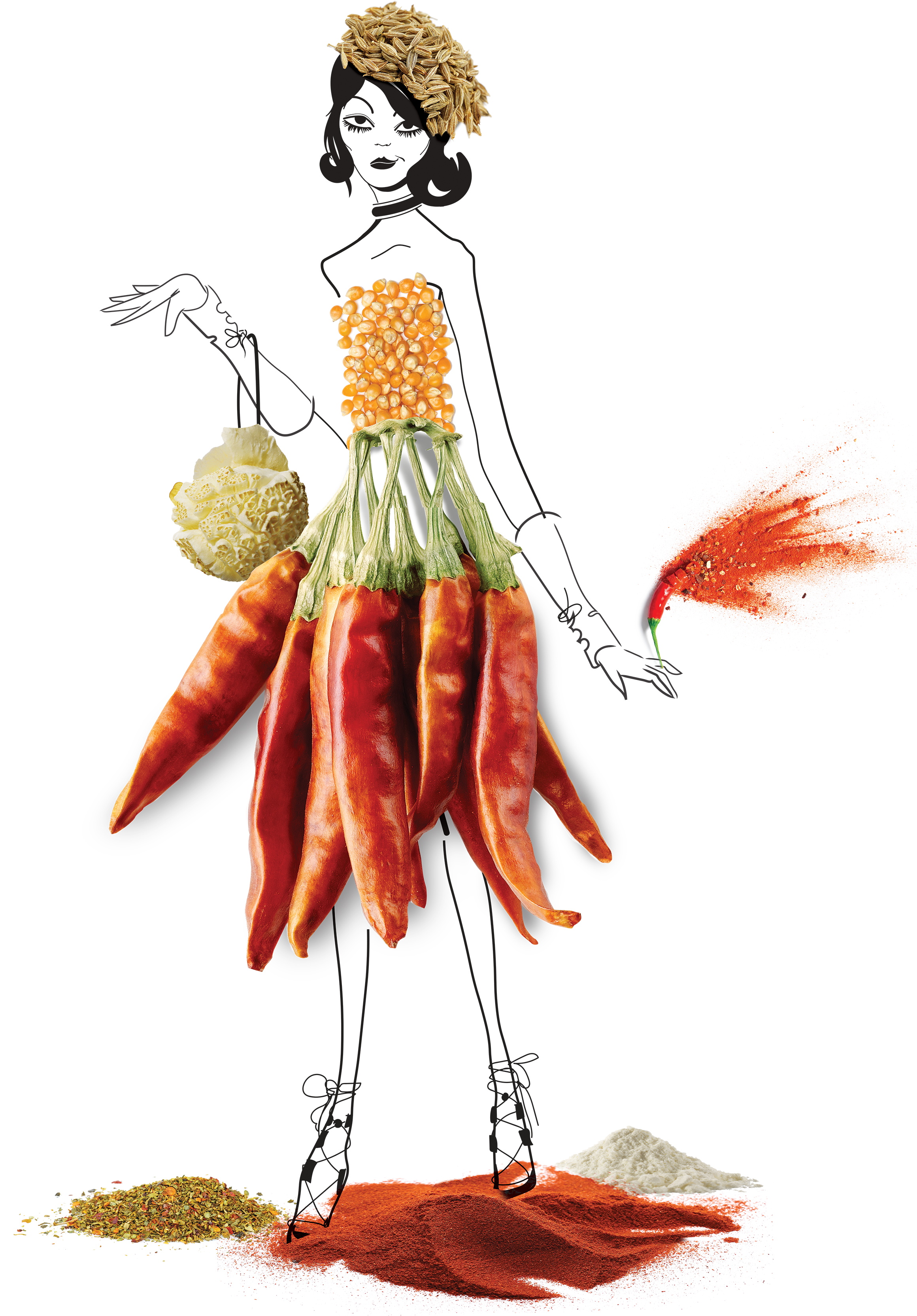 A fashion illustration of a woman with popcorn and chillis for her body, featuring ingredients like organic popcorn, harissa powder, cumin, paprika, and collagen.
