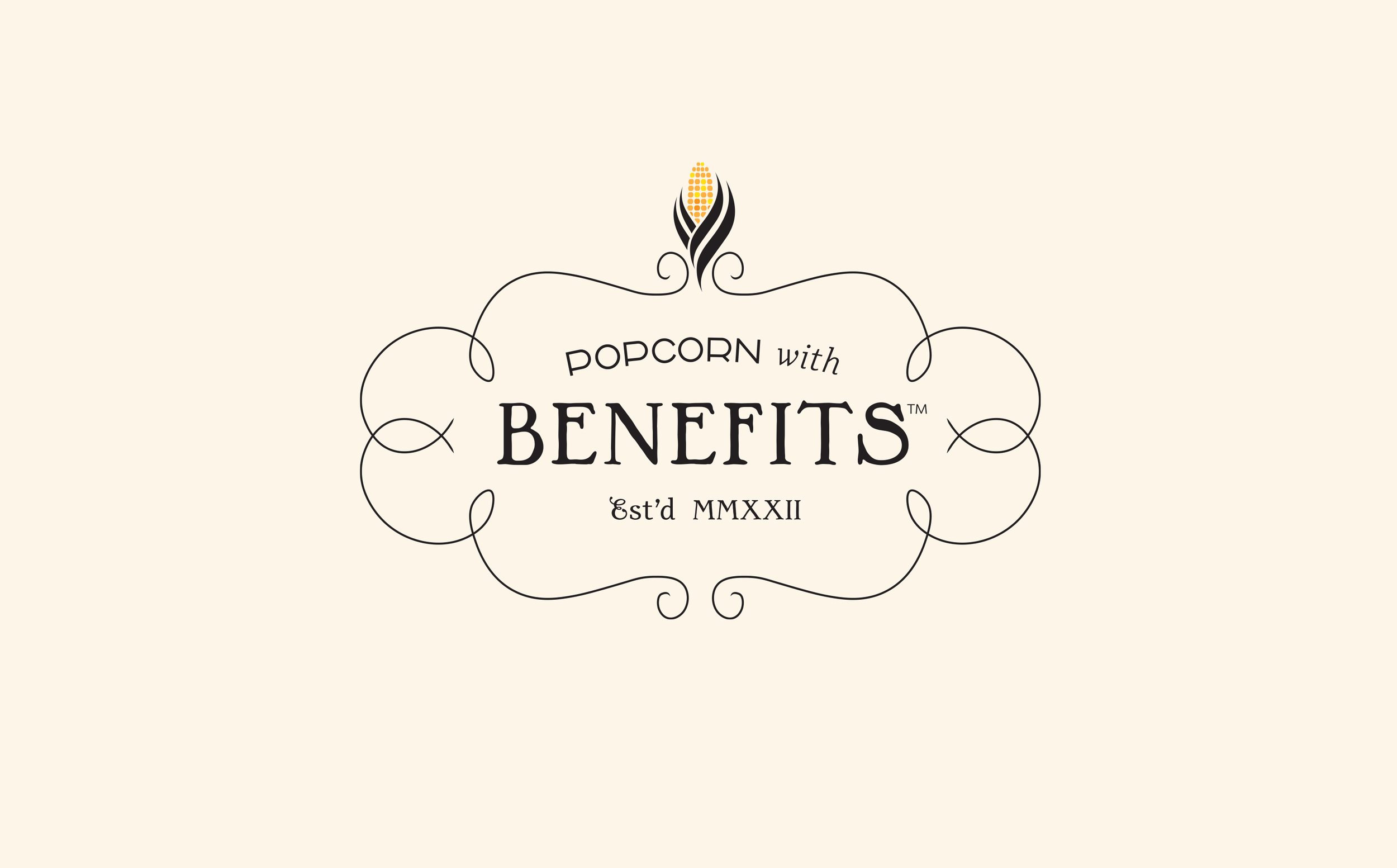Vintage-style logo for "Popcorn with Benefits," established in 2012, featuring a stylized corn cob and decorative scrolls.