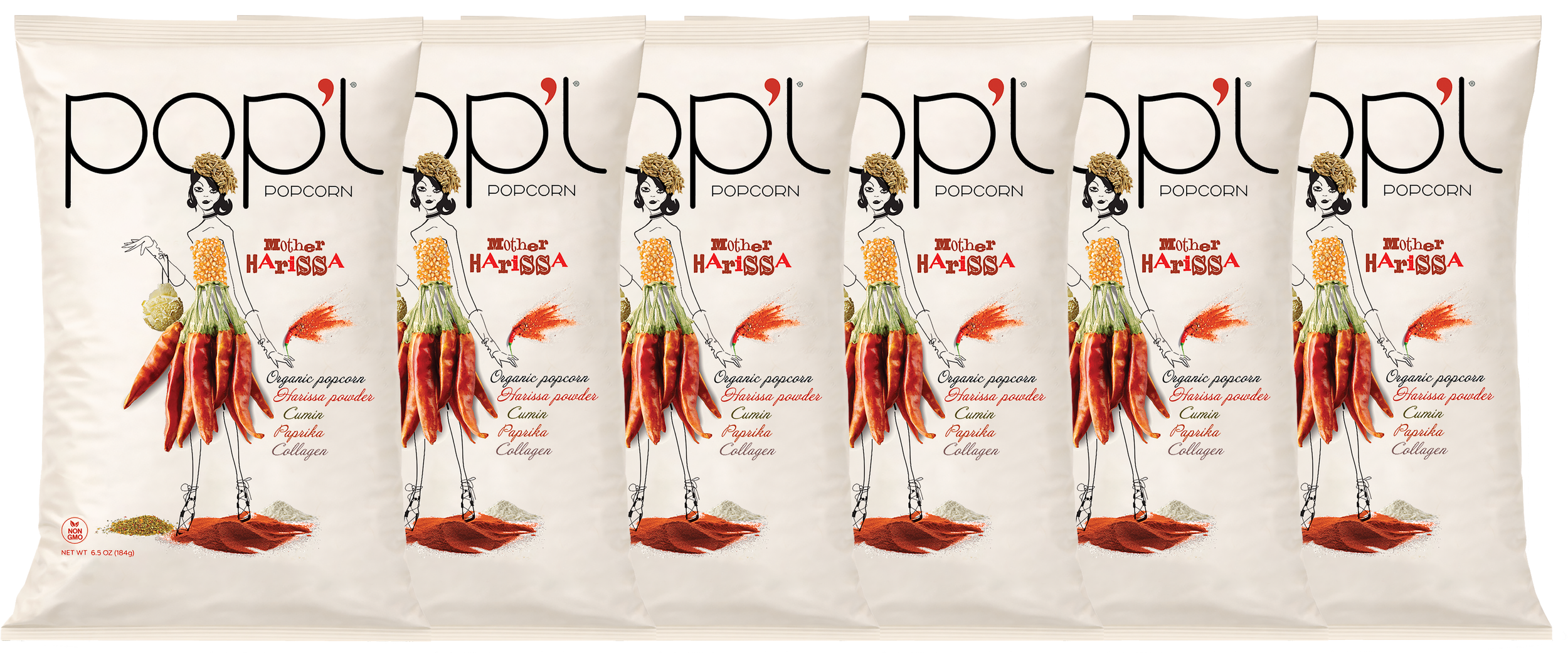 Multiple packages of organic popcorn with a cartoon illustration of a woman wearing a dress made of various spices and herbs, including chili peppers and other seasonings. The packaging features the brand name 'Popl' and the flavor 'Mother Harissa'.