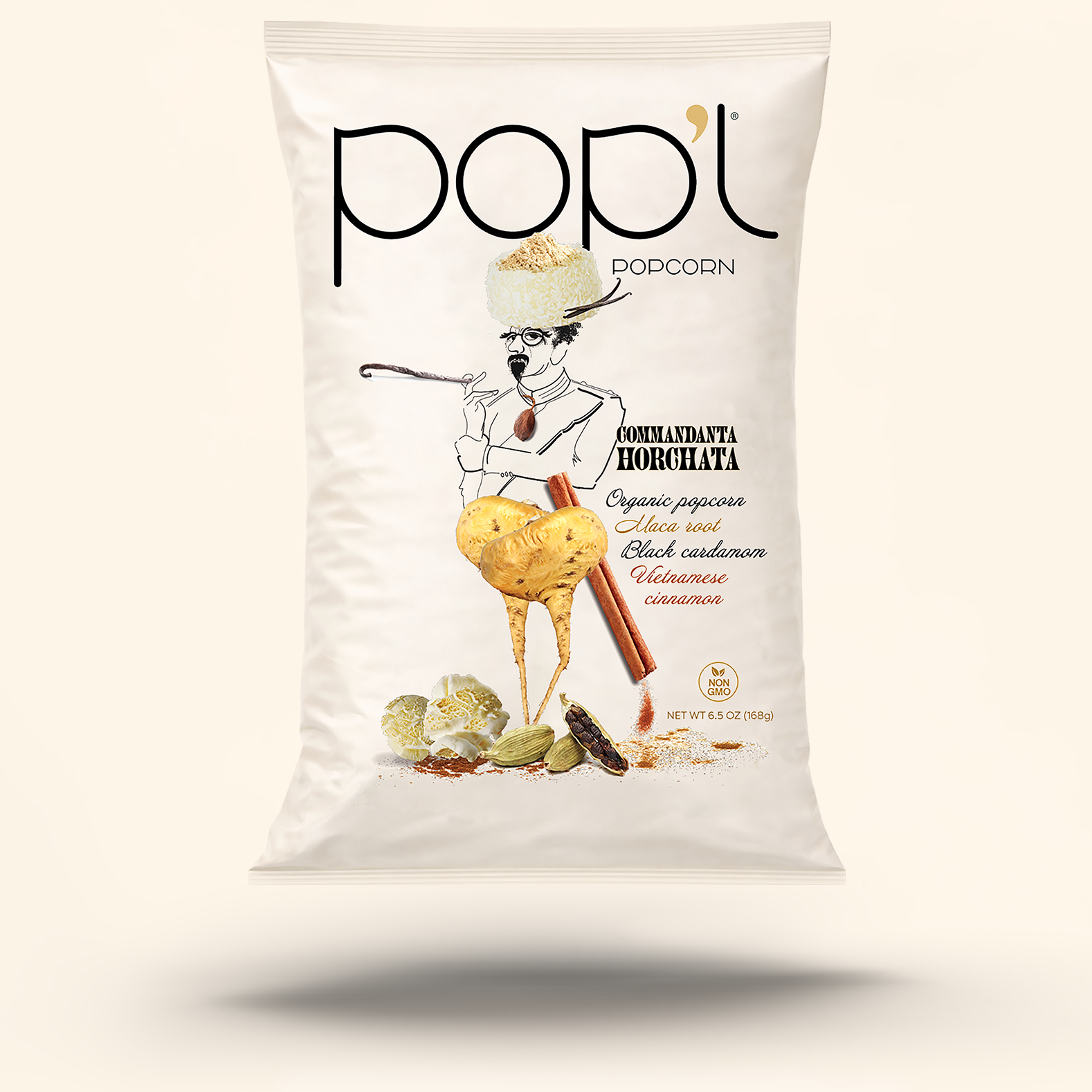A white bag of popcorn with illustrations of a man with a hat made of popcorn, holding a walking stick, and surrounded by ingredients like turmeric root, black cardamom, and cinnamon sticks. The bag features the brand name 'popl' and labels indicatin