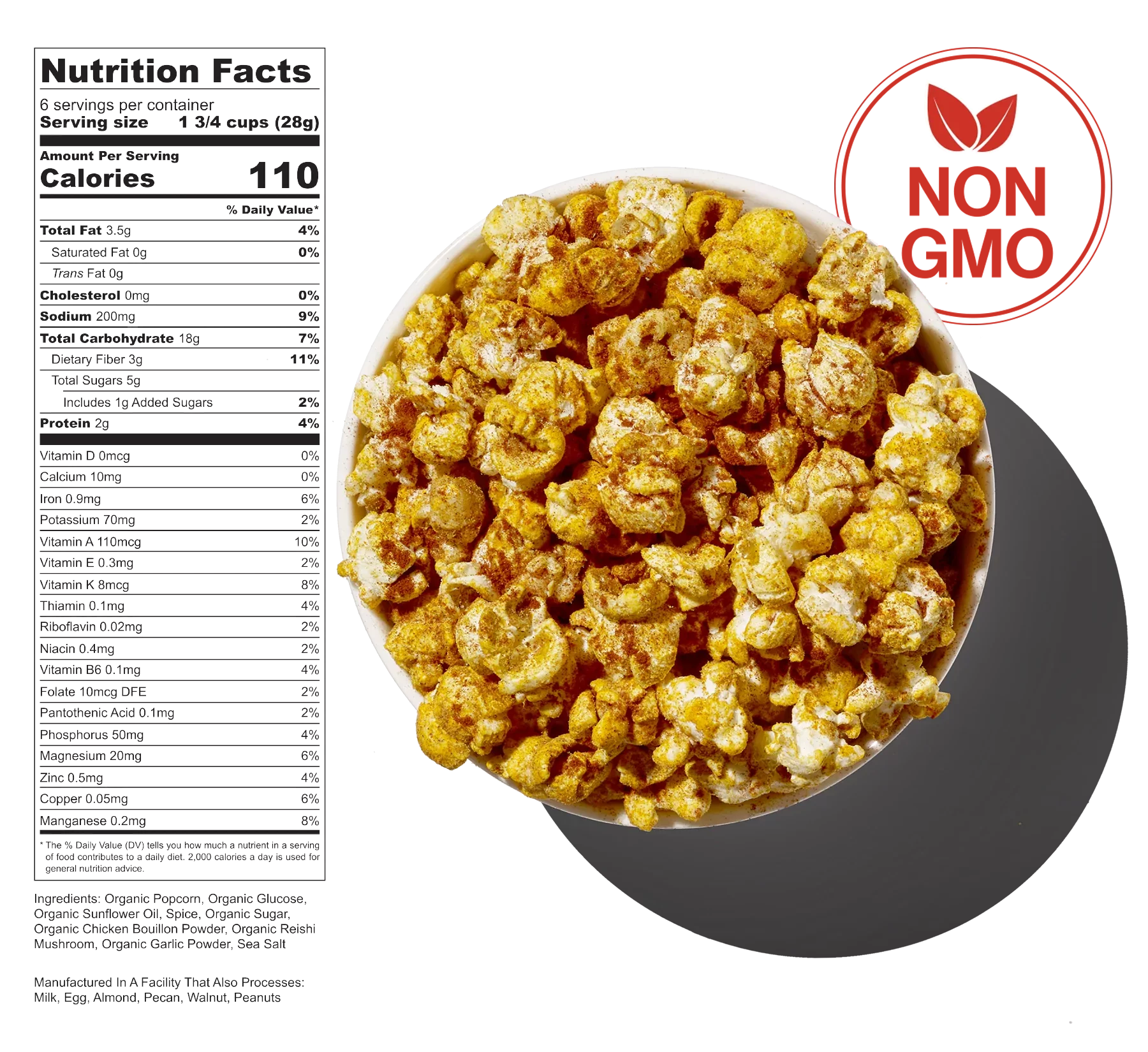 A bowl of Mother Harrisa caramel popcorn with a nutrition facts label on the left and a red icon with a leaf on the top right.
