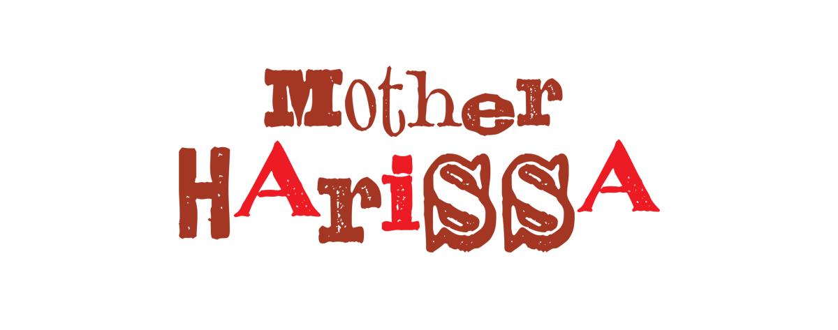 Stylized logo of the word 'Mother Harissa' with flames in red and brown colors.