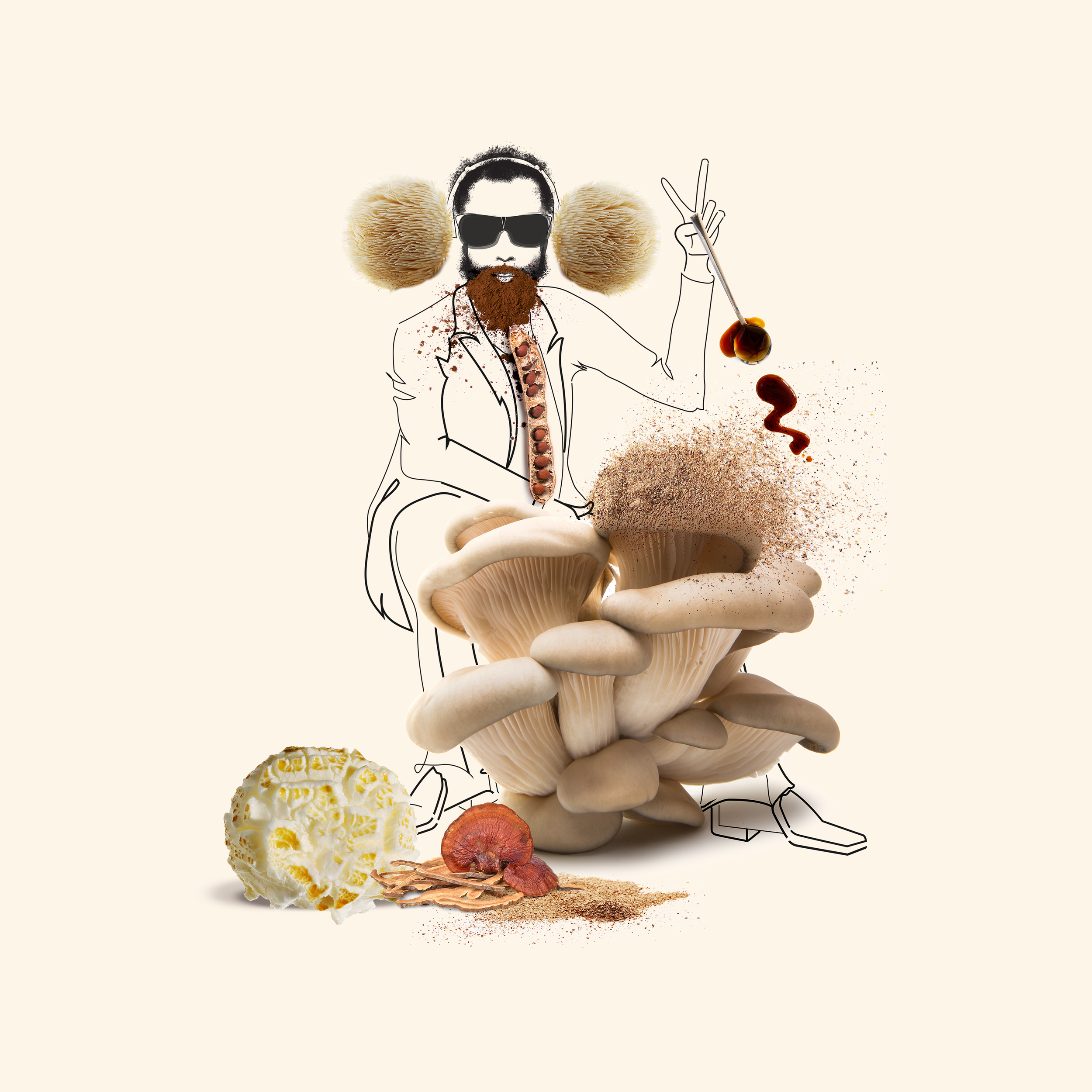 A digital collage of a man with coffee bean hair, sunglasses, and a beard, drawn with a combination of sketch and photographic elements. He is holding a spoon with a dark liquid above a cluster of mushrooms, with some spice powder scattered nearby. The background is plain off-white.