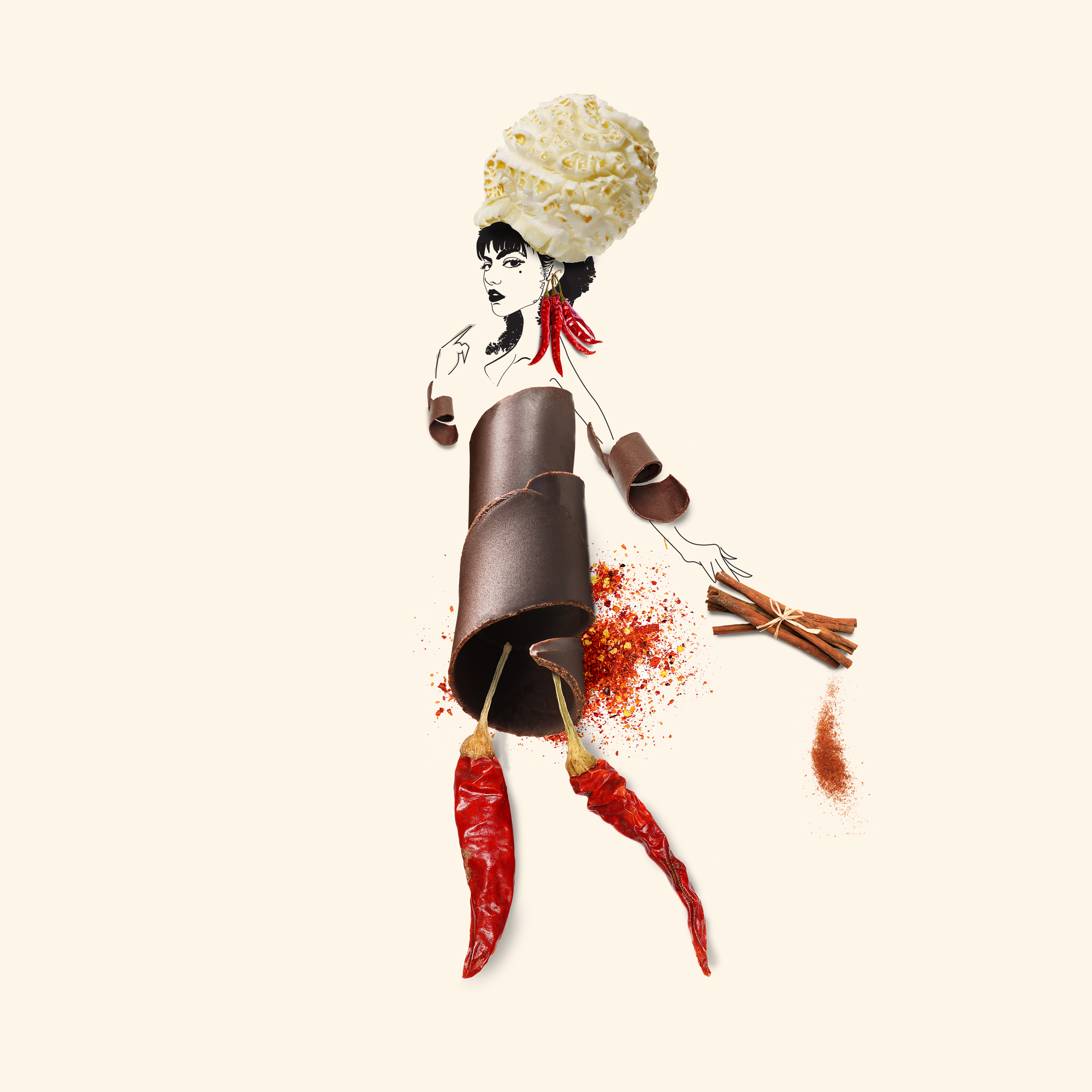 An artistic collage of a woman with popcorn for a hat, a sketched face, red chili pepper earrings, a chocolate piece dress, chili peppers for legs, cinnamon sticks, and chili powder.