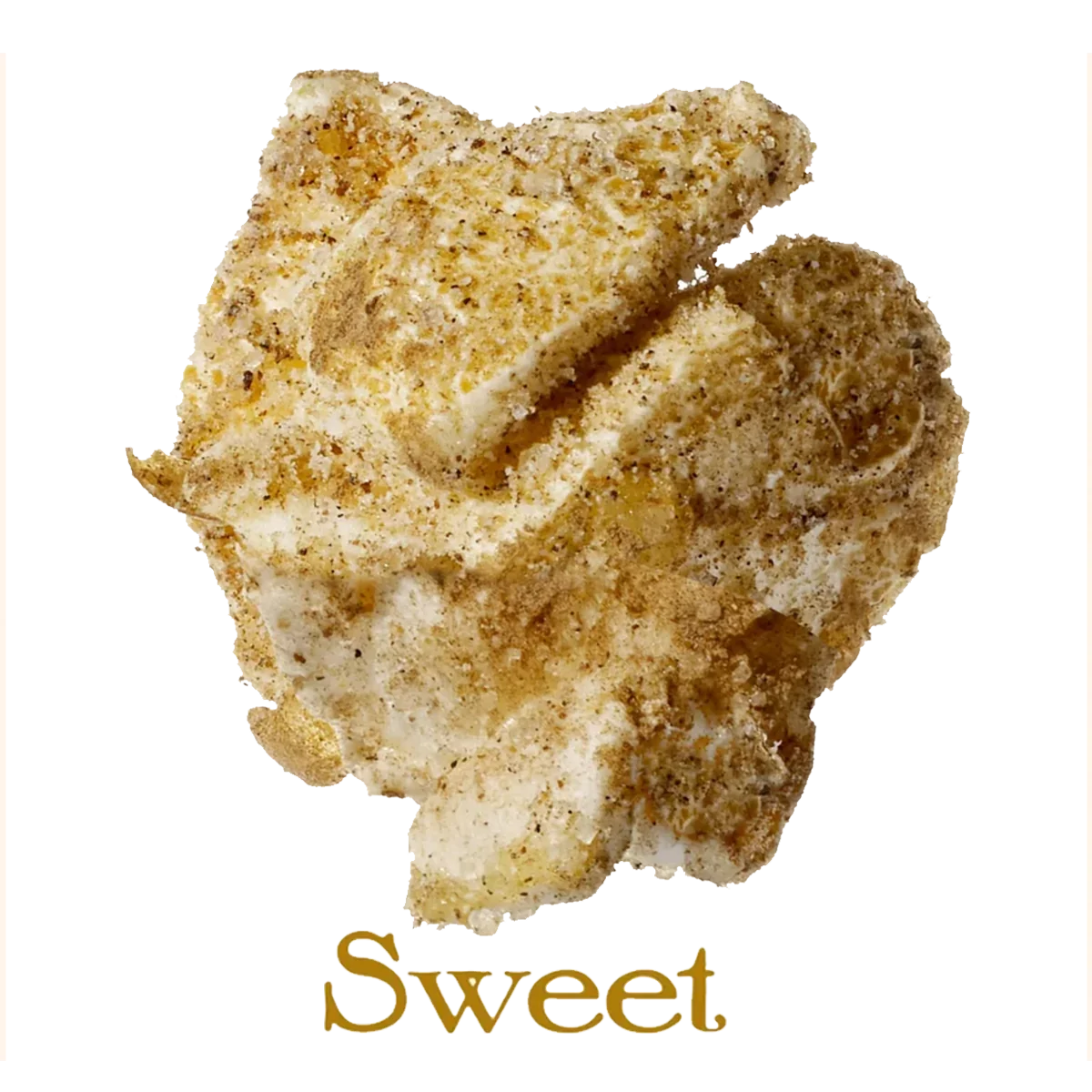 A kernel of Commandanta Horchata popcorn with a crispy, seasoned coating, topped with a sprinkle of spices, and the word 'Sweet' below it.