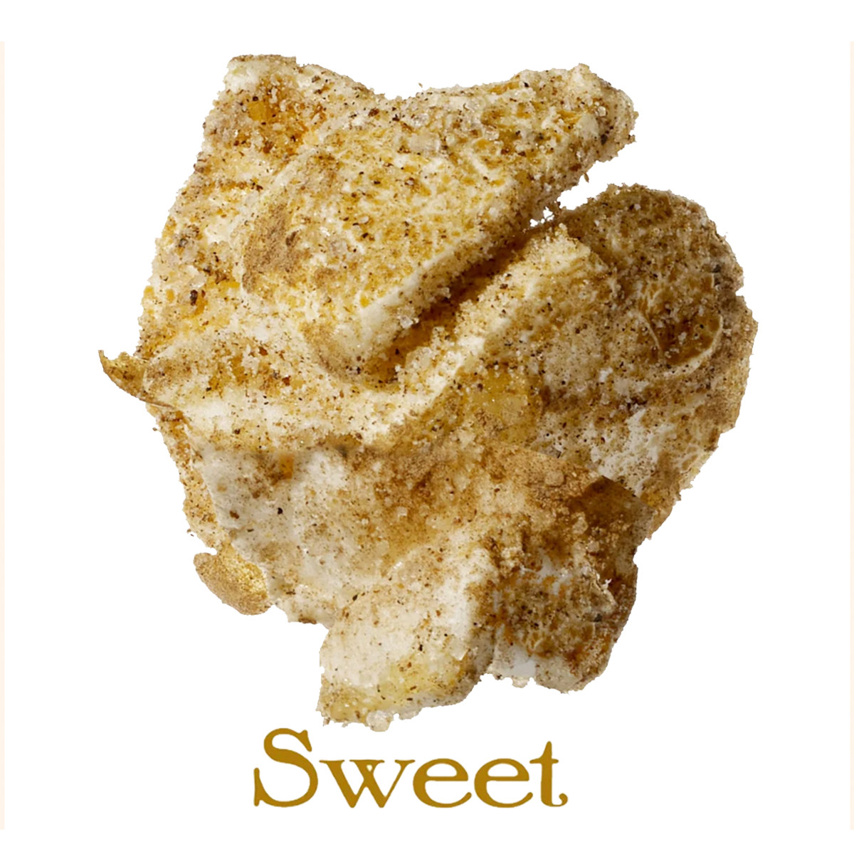 A piece of popcorn with a crispy, seasoned coating, topped with a sprinkle of spices, and the word 'Sweet' below it.