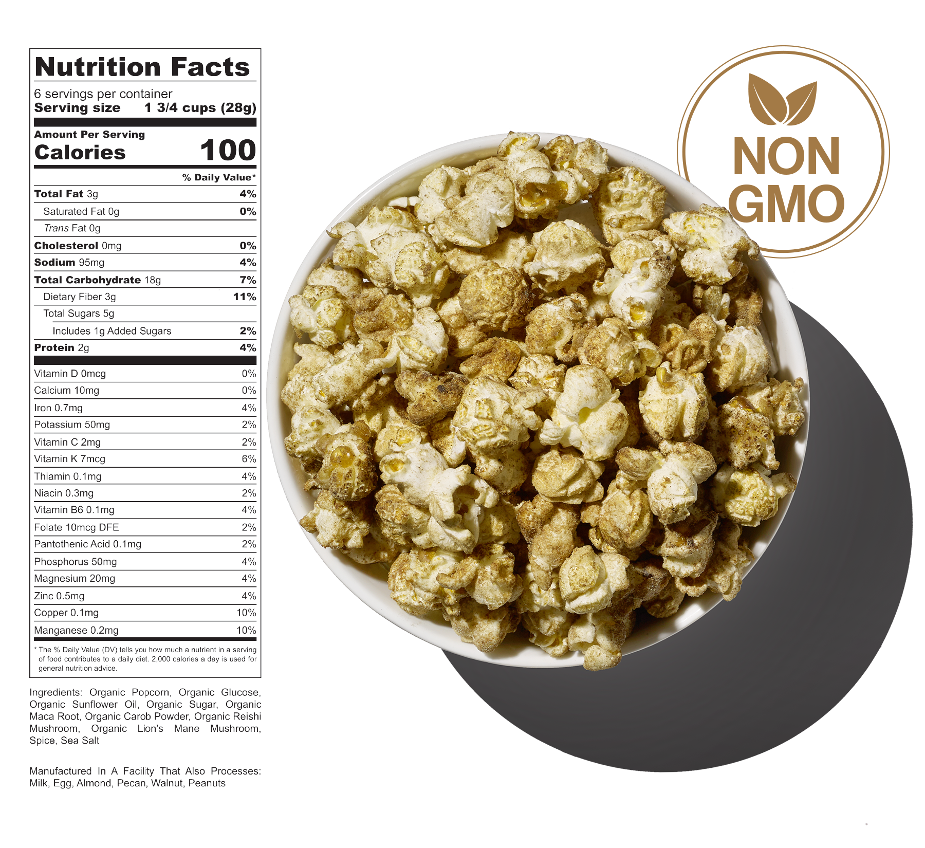 A bowl of caramel popcorn topped with melted caramel, next to a bag with a brown and white logo of a leaf.