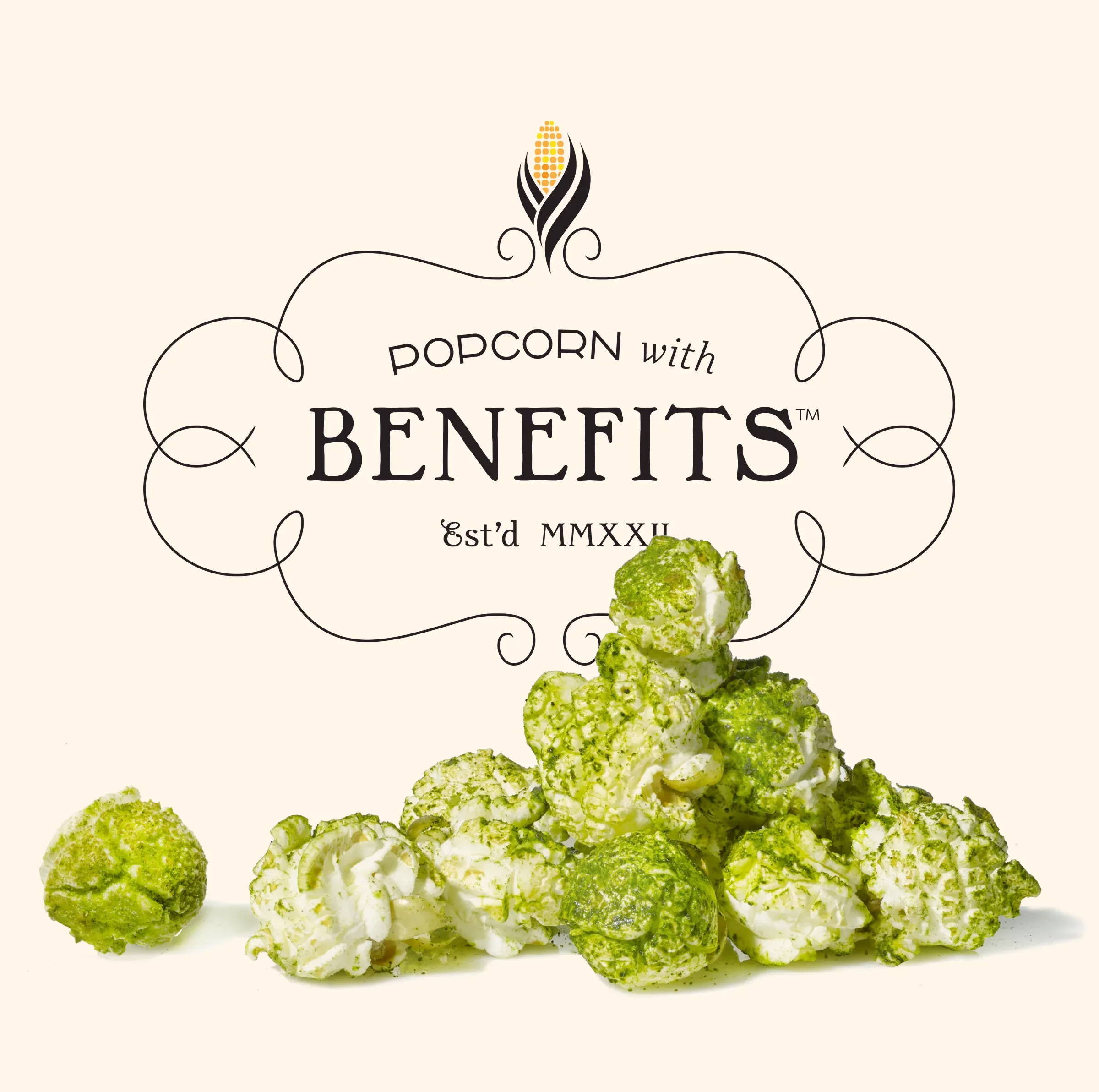 Green Madame Matcha popcorn by Pop'l scattered below a decorative logo that reads 'Popcorn with benefits Est'd MMXXU' with a stylized popcorn kernel graphic.