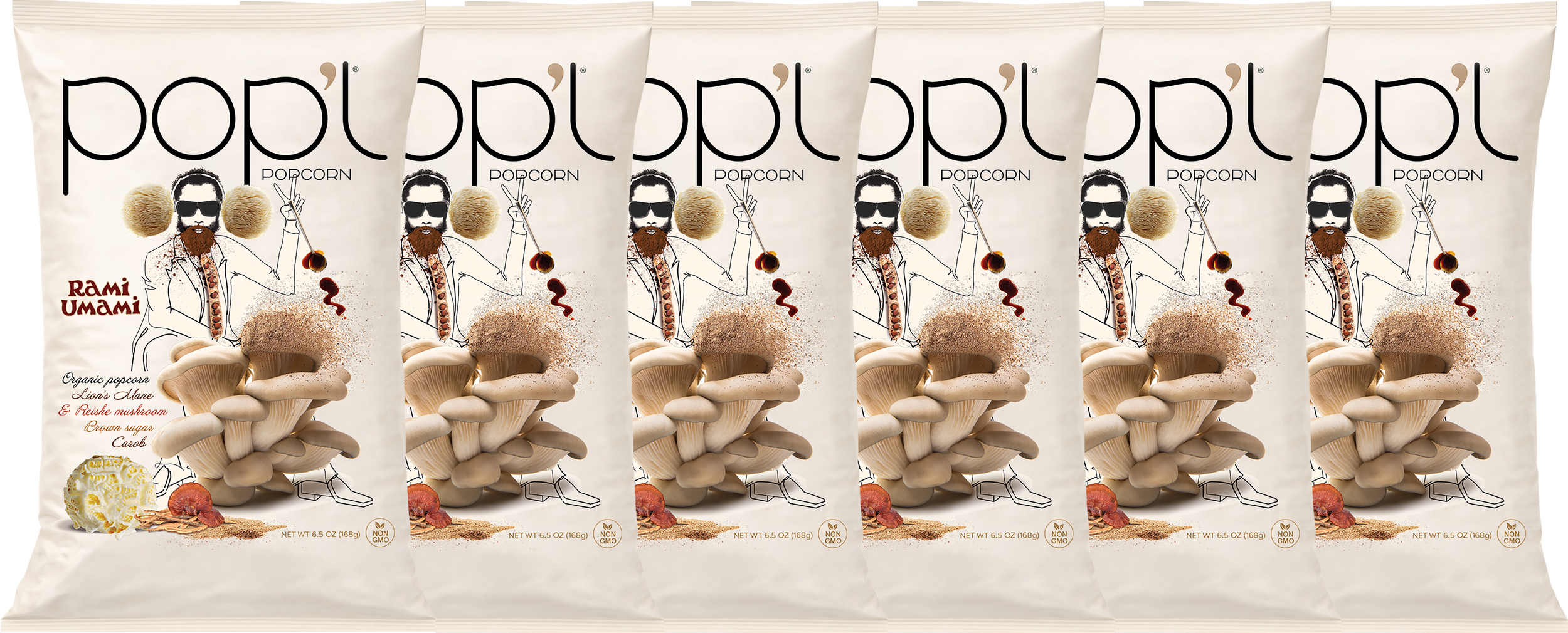 Six bags of popcorn with a white background, featuring a sketch of a bearded man with sunglasses, holding a cherry, surrounded by mushrooms, a piece of popcorn, and spices, including turmeric and paprika, on the front of each bag.