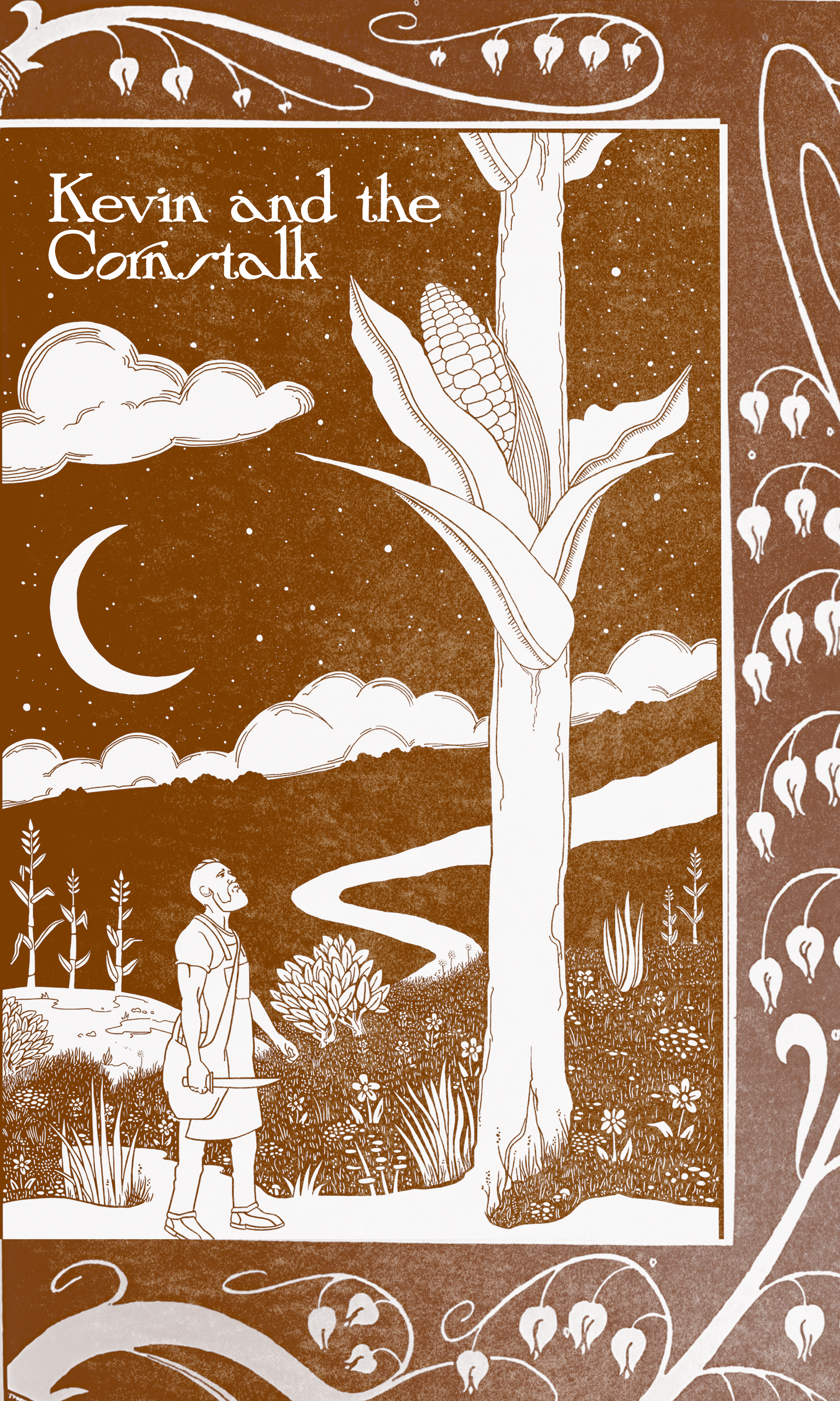 An illustration of a book cover titled 'Kevin and the Corn talk'. The cover features a man standing in a field of plants and flowers, gazing at a tall corn plant with a large ear of corn. The background shows a night sky with a crescent moon, clouds, and stars, all rendered in a monochromatic brown and white style with decorative floral borders.