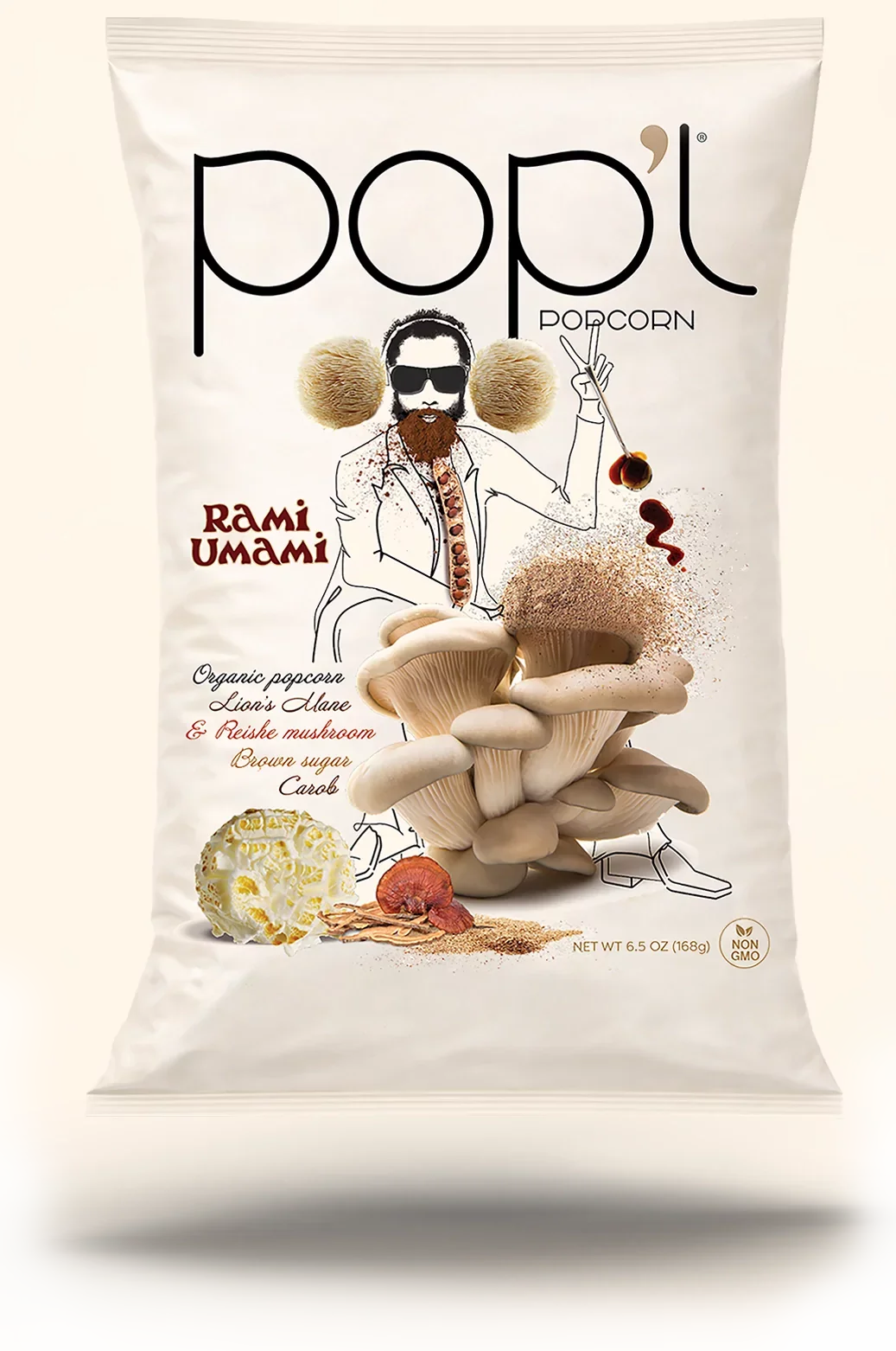 Rami Umami bag of popcorn with abstract drawings of a man with sunglasses, a beard, and a tie, holding a skewer with a popcorn kernel, and a cluster of mushrooms at the bottom, labeled Rami Umami, indicating, mushroom, brown sugar, and maca flavors.