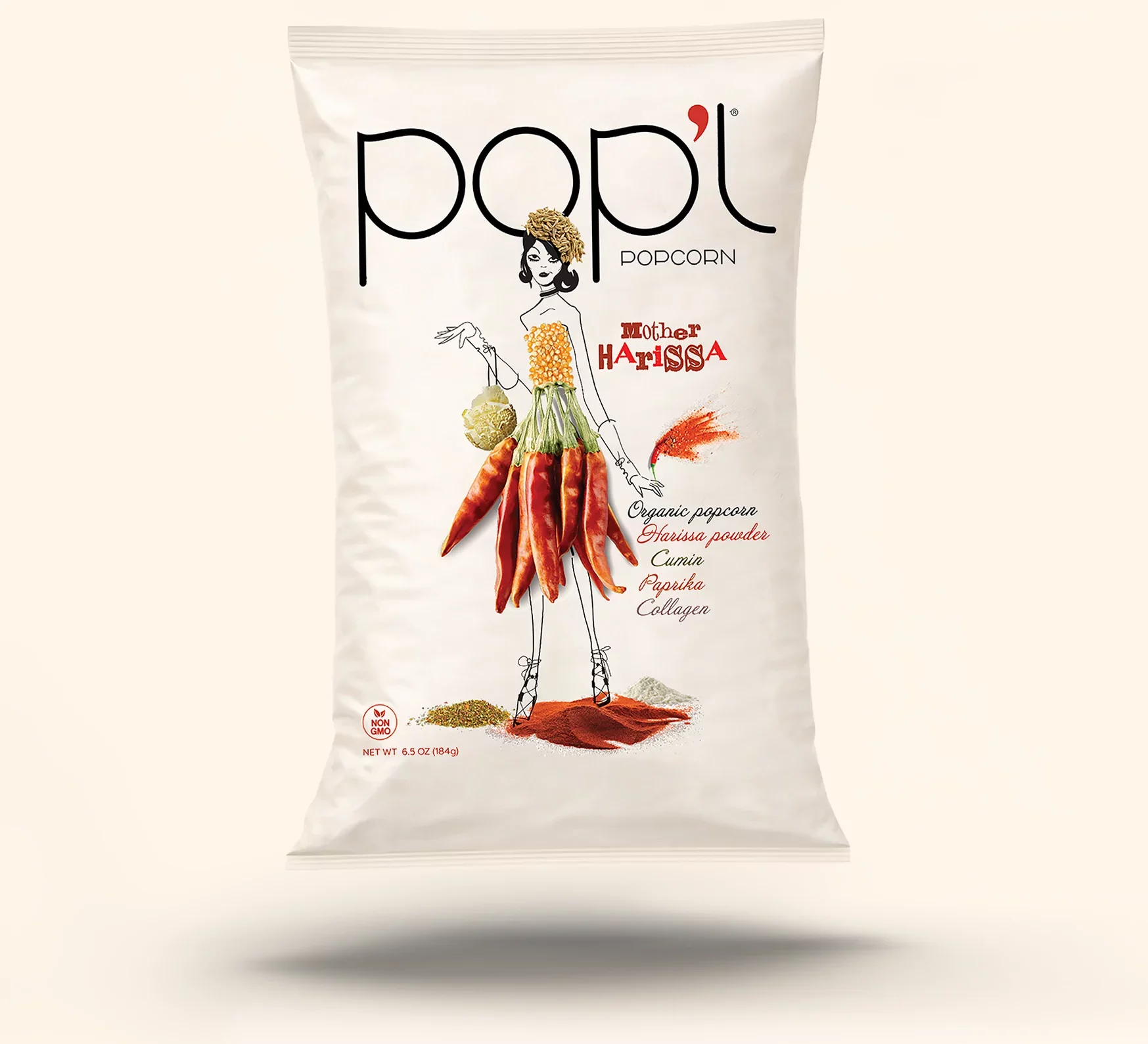 A bag of popcorn with a fashion illustration of a woman with popcorn and chillis for her body, featuring ingredients like organic popcorn, harissa powder, cumin, paprika, and collagen.