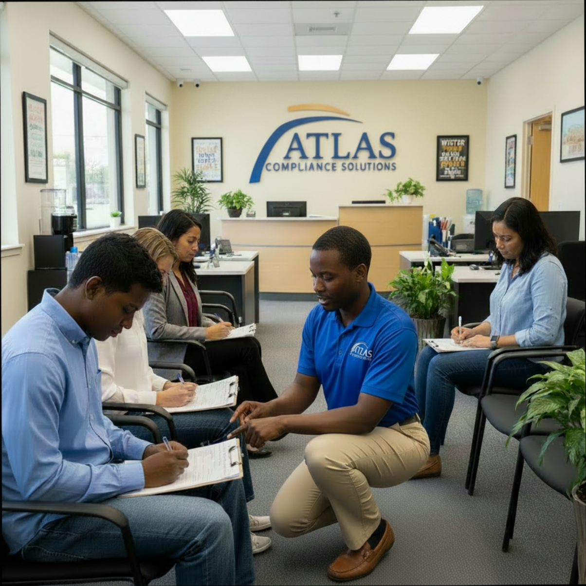 Group of five diverse business professionals sitting in a conference room, taking notes, with the Atlas Compliance Solutions logo in the background.