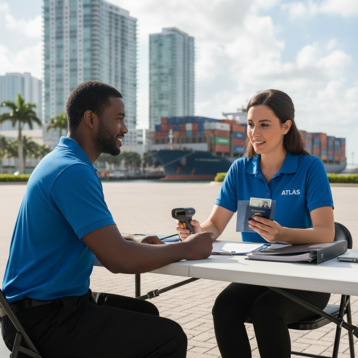 A woman in a blue ATLAS shirt checks a man's temperature with a handheld device at an outdoor registration table, with a shipping container ship and tall buildings in the background.