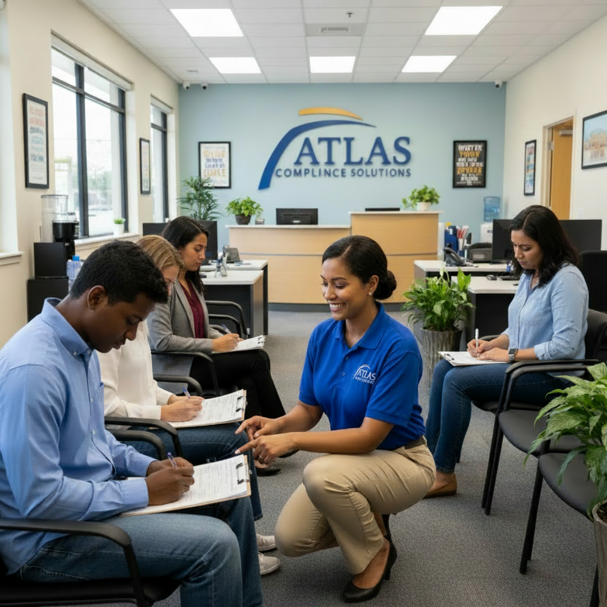 Employees attending a meeting in an office at Atlas Compliance Solutions, with a woman in a blue polo shirt smiling and interacting with a man and woman seated in front of her.