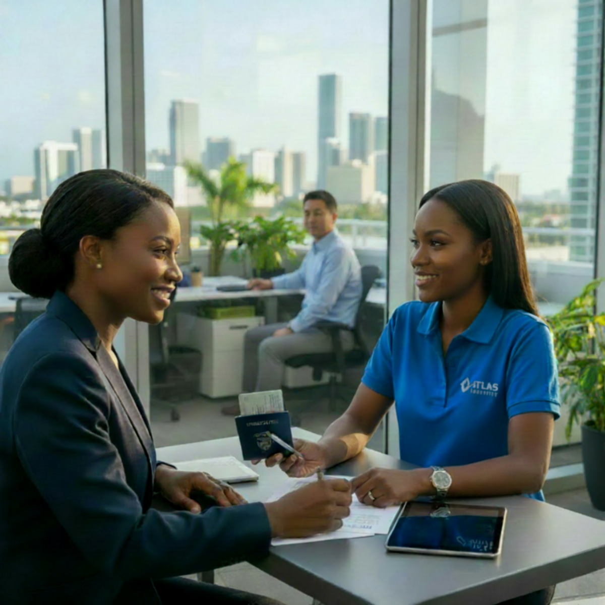 Two women, one in a business suit and the other in a blue polo shirt, are sitting at a table in an office with large windows. One woman is handing the other a passport and tickets, possibly for travel. There is a man working at a desk in the background.