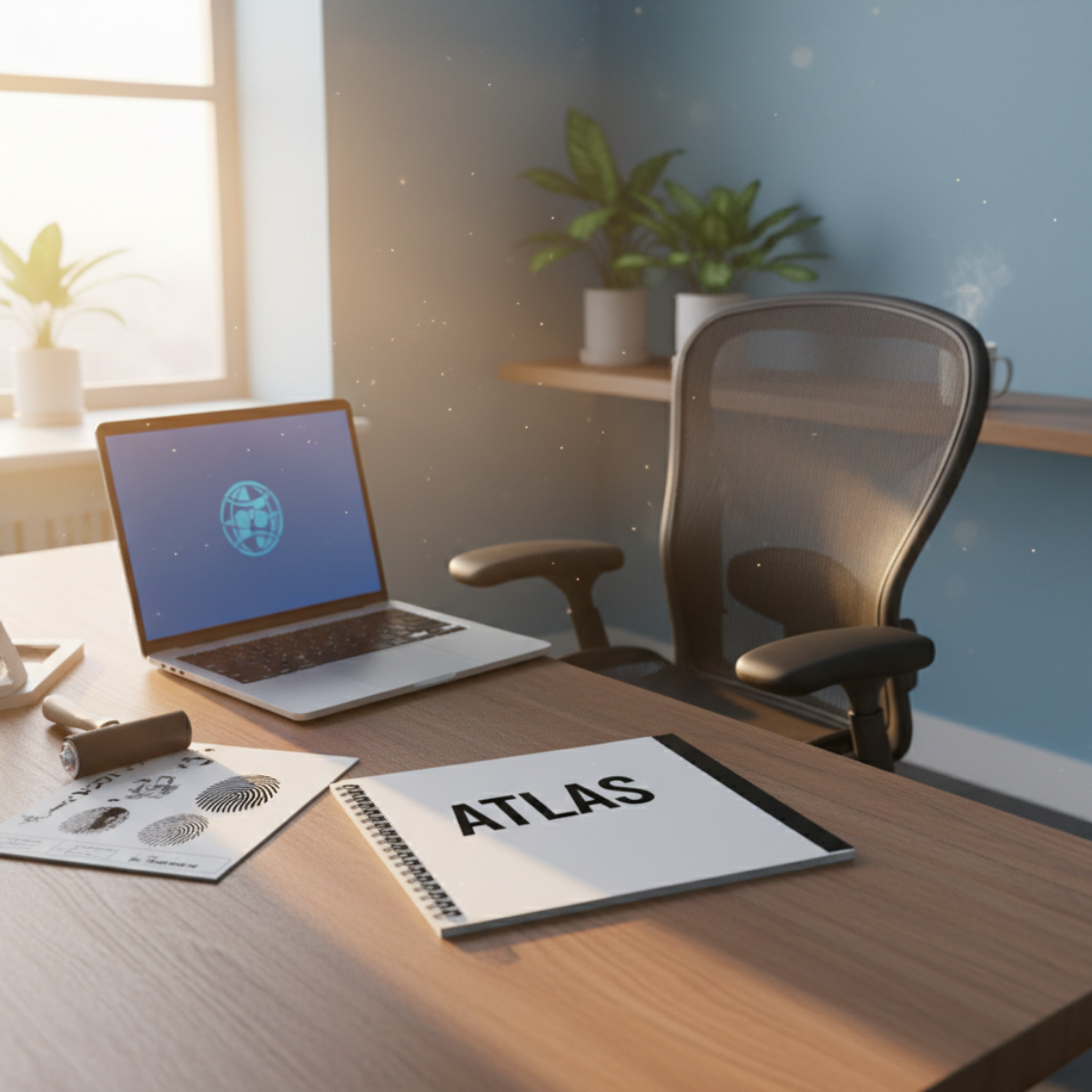 Office desk with a laptop displaying a globe icon, a fingerprint chart, a rolled-up paper, a notebook labeled 'ATLAS', a flashlight, and background plants with sunlight coming through the window.
