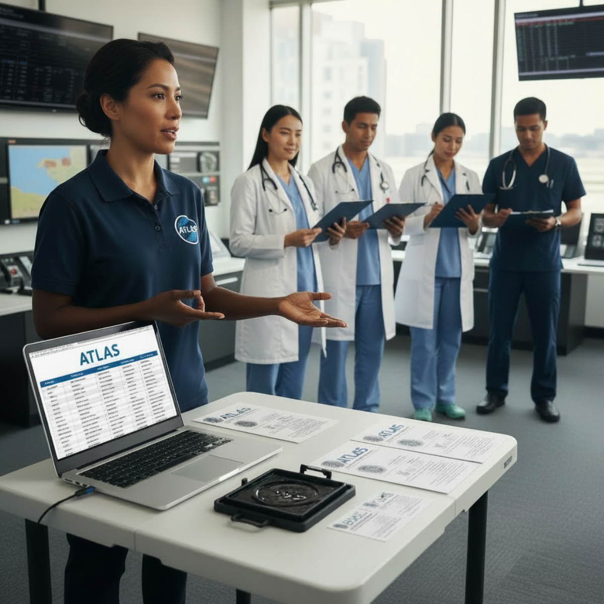 Medical team in a hospital conference room, with a woman presenting at a table with a laptop, documents, and fingerprint records, while five healthcare professionals in white coats and scrubs stand behind her, reviewing their notes.
